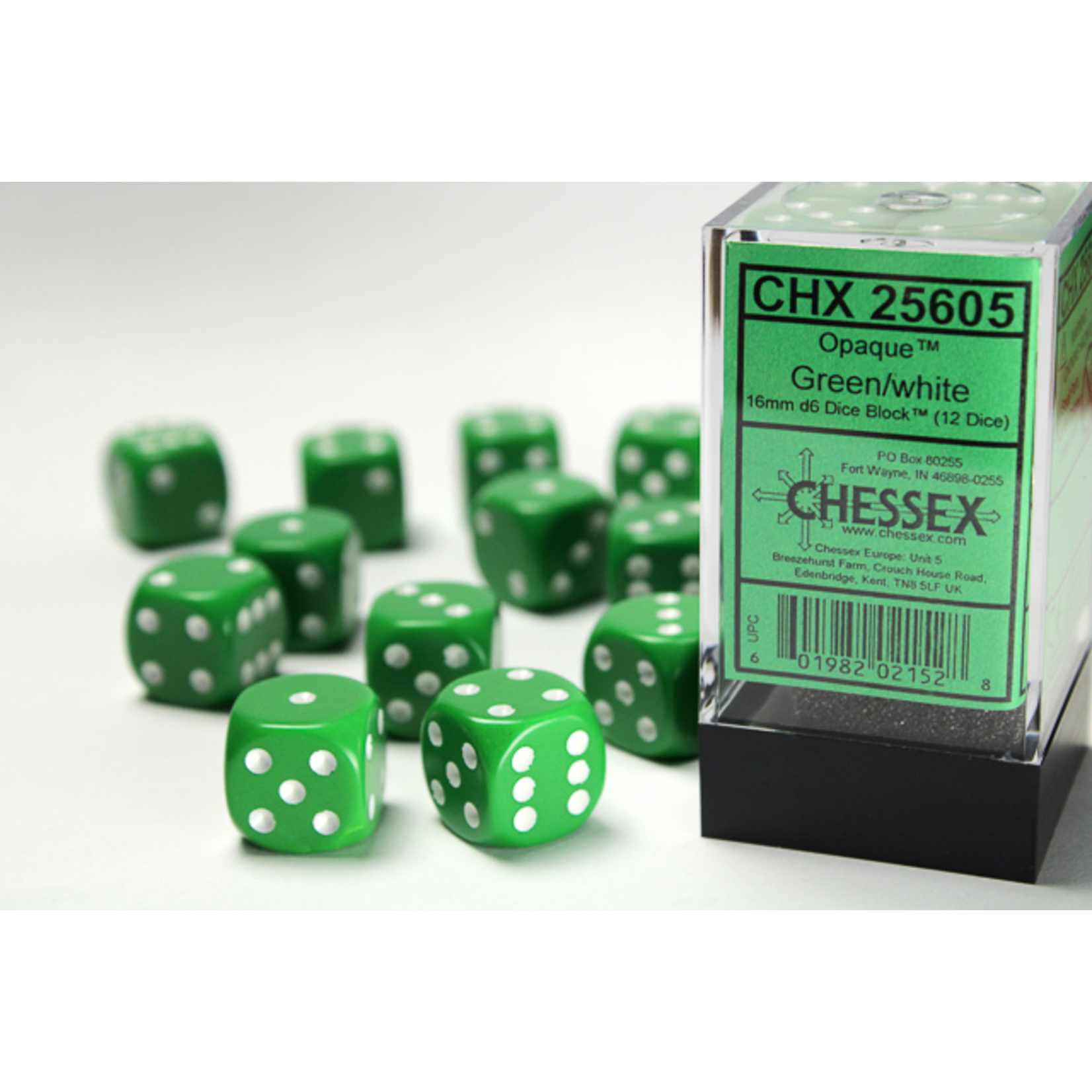 Chessex 12-Piece Dice Set: Opaque Green with White Pips (16mm, D6s Only)