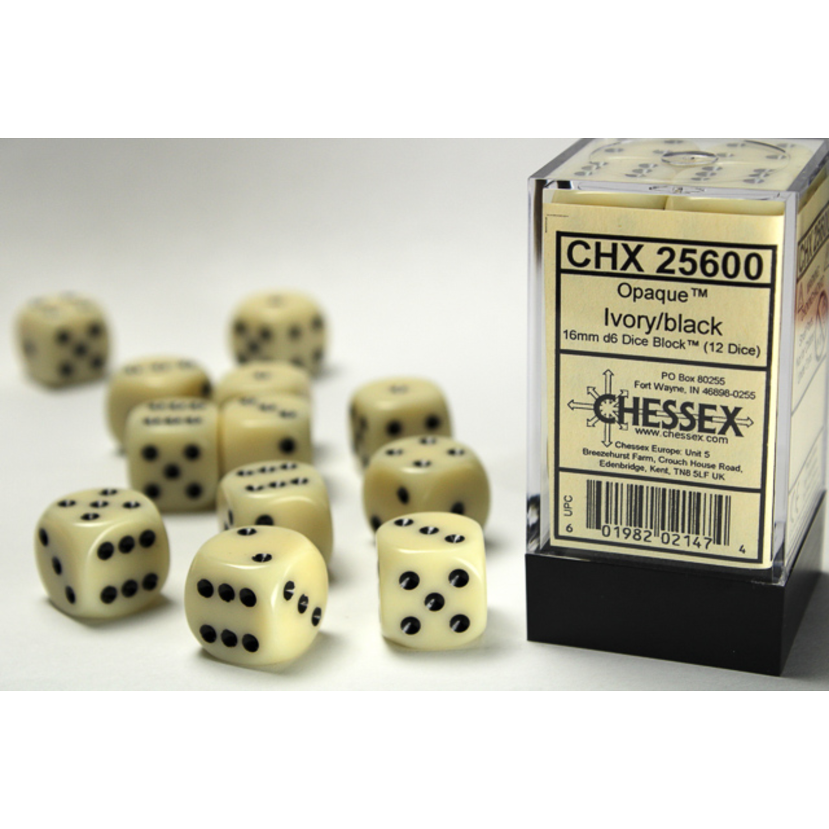 Chessex 12-Piece Dice Set: Opaque Ivory with Black Pips (16mm, D6s Only)