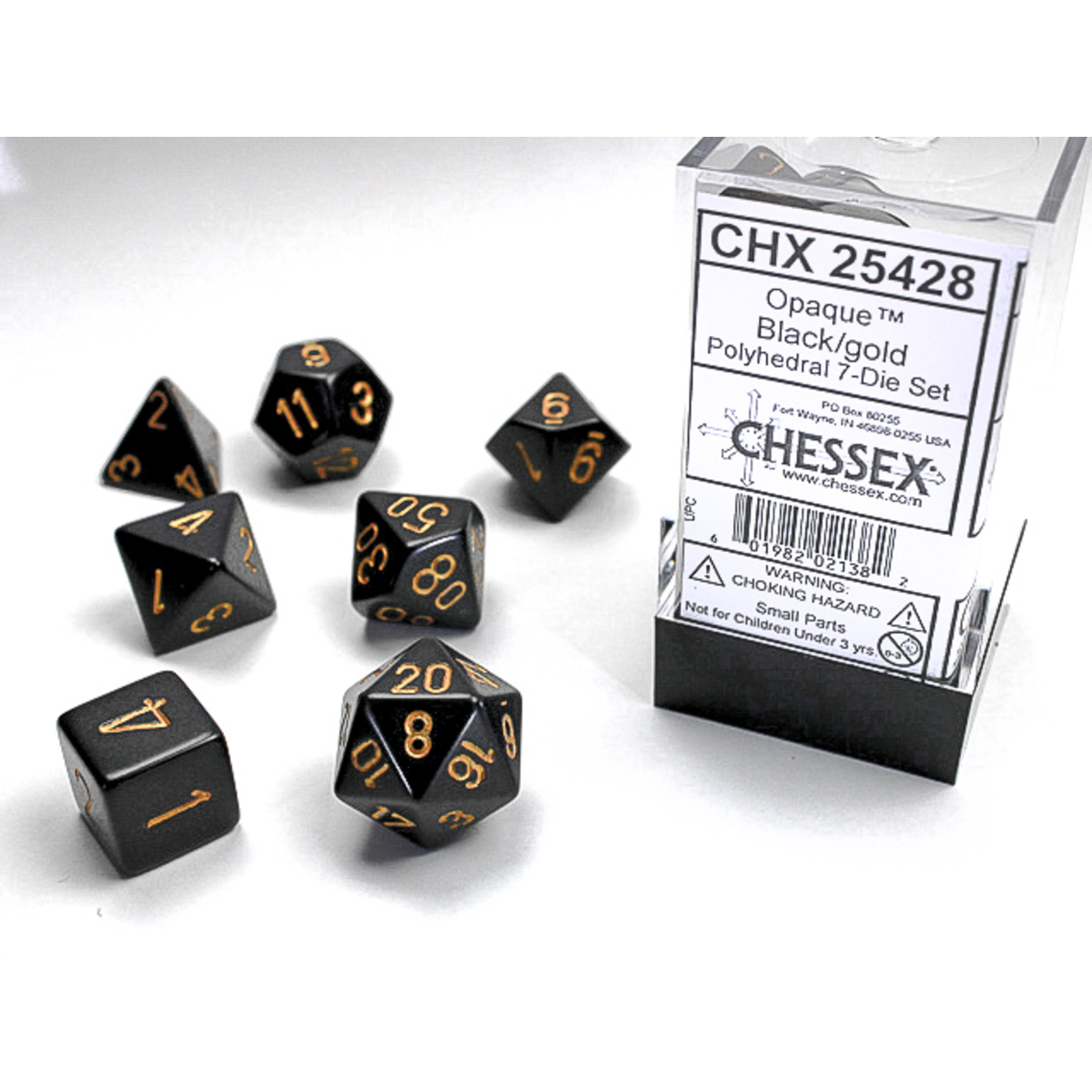Chessex 7-Piece Dice Set: Opaque Black with Gold Numbers