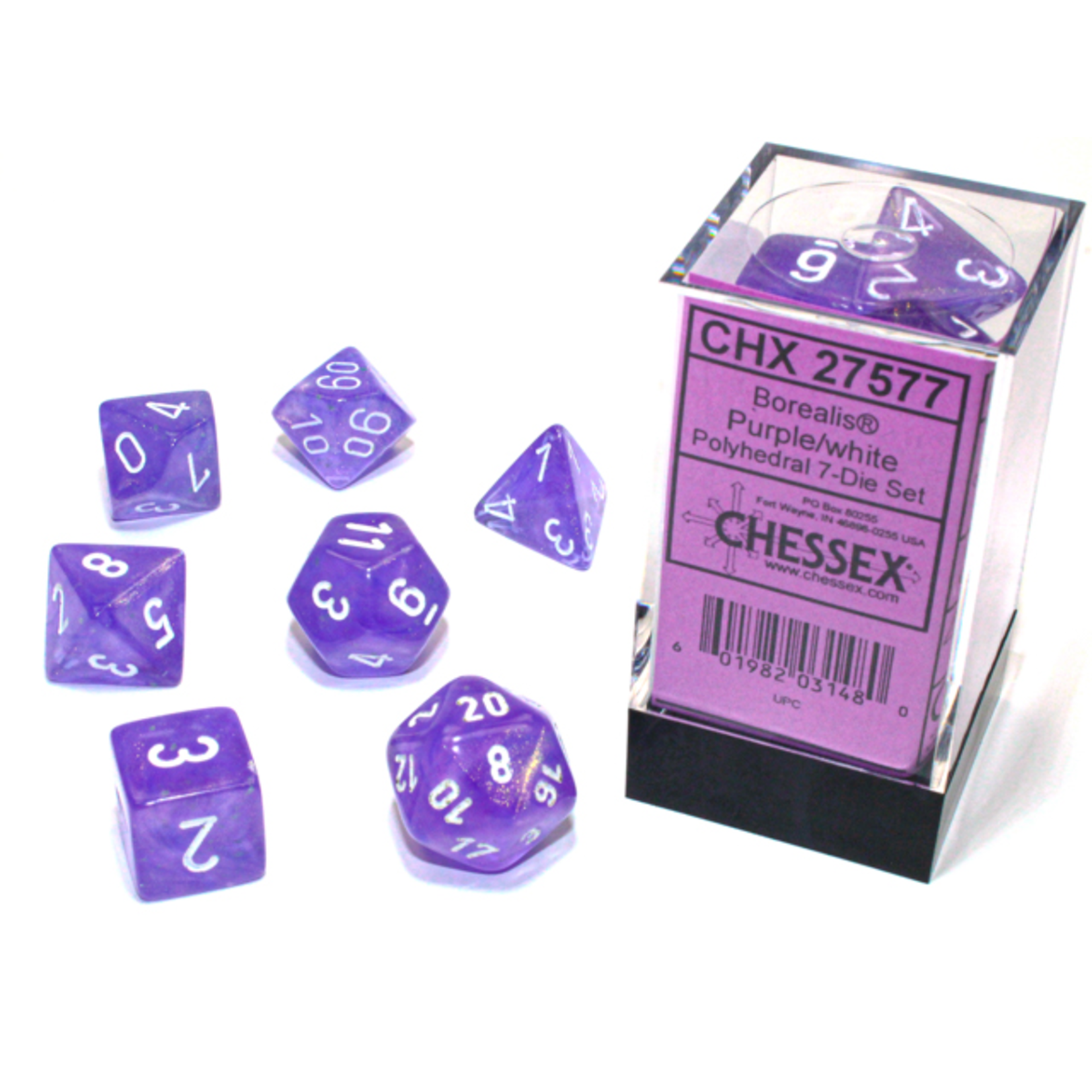 Chessex 7-Piece Dice Set: Borealis Luminary Purple with White Numbers