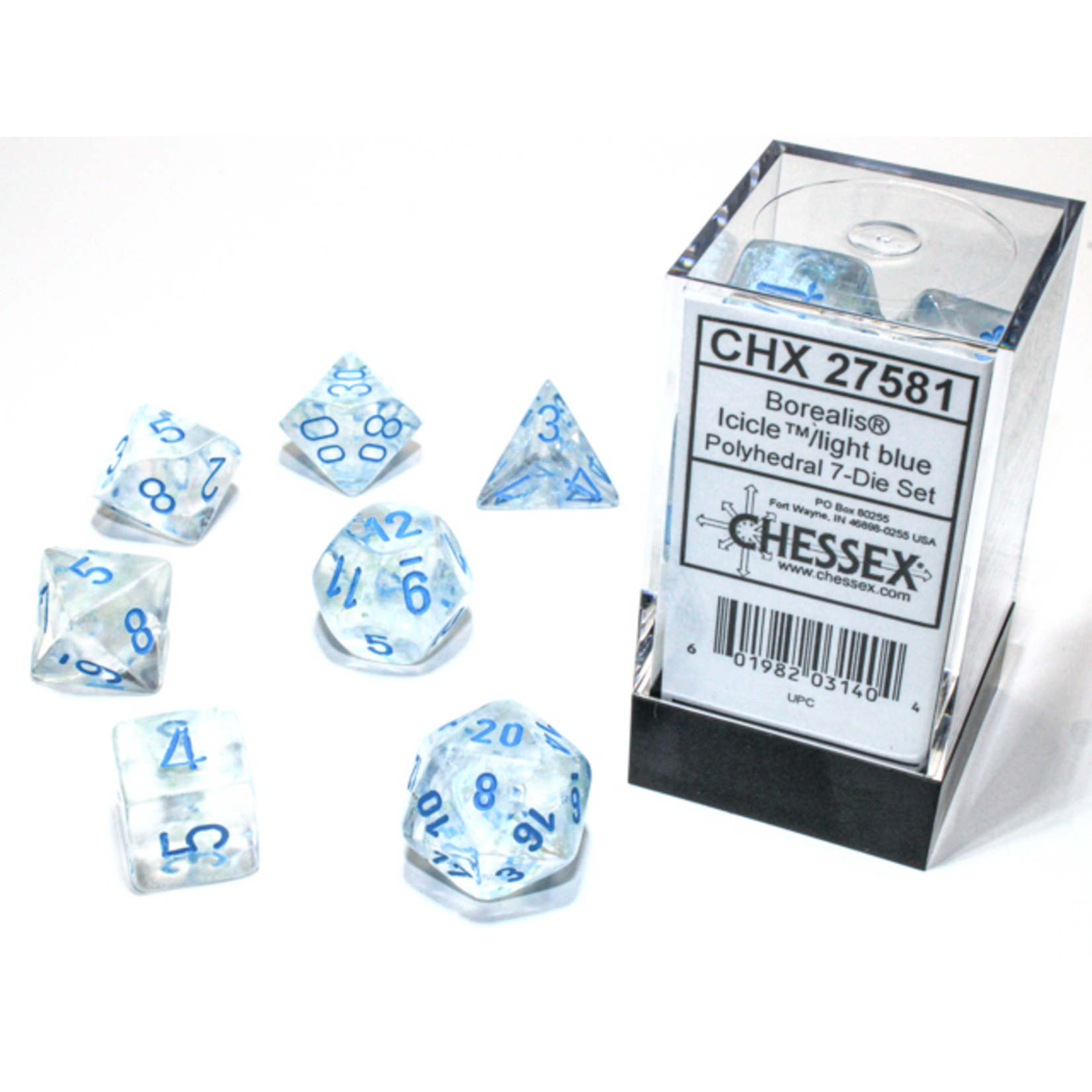 Chessex Dice: 7-Set Borealis Luminary Icicle with Light Blue Numbers (CHX)