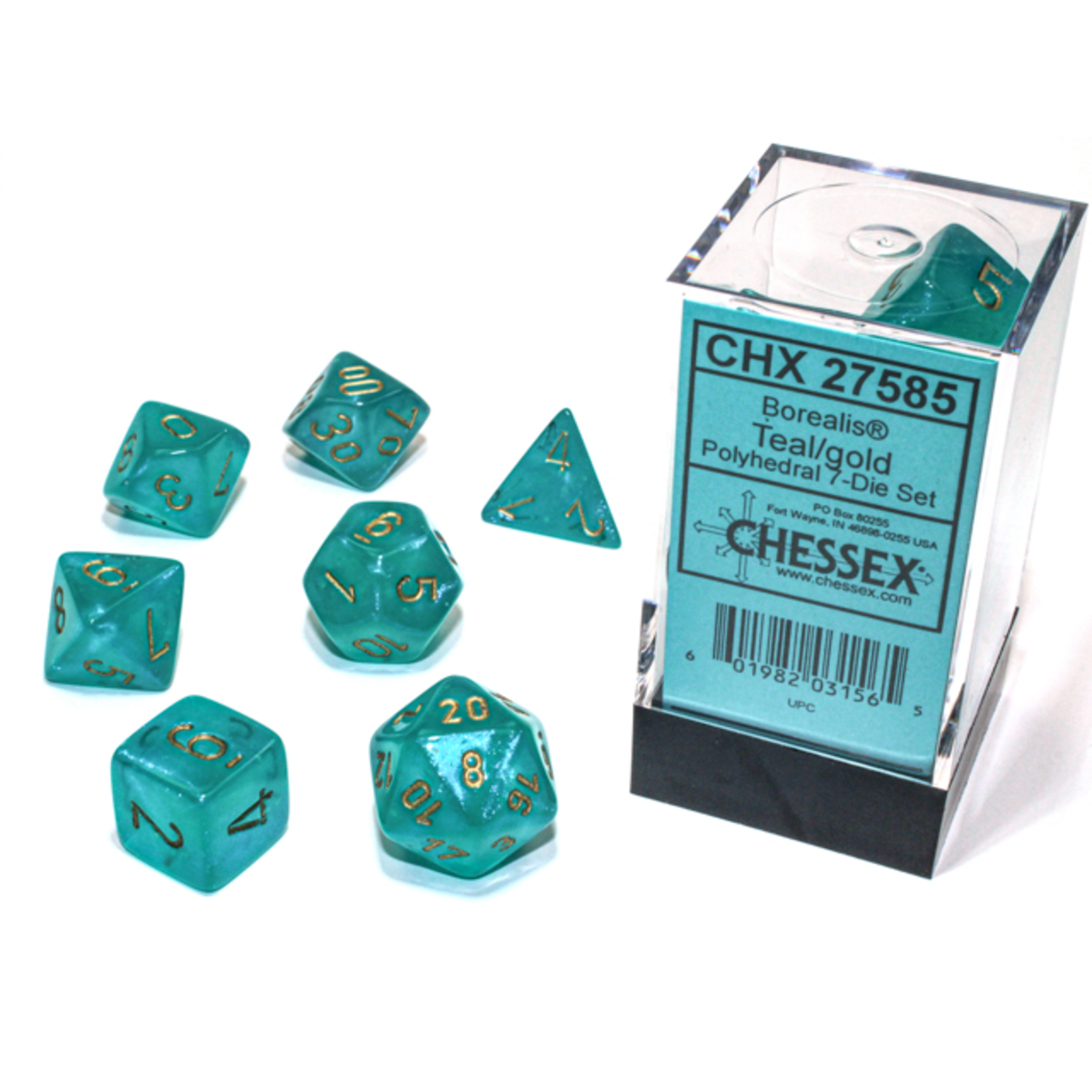 Chessex 7-Piece Dice Set: Borealis Luminary Teal with Gold Numbers