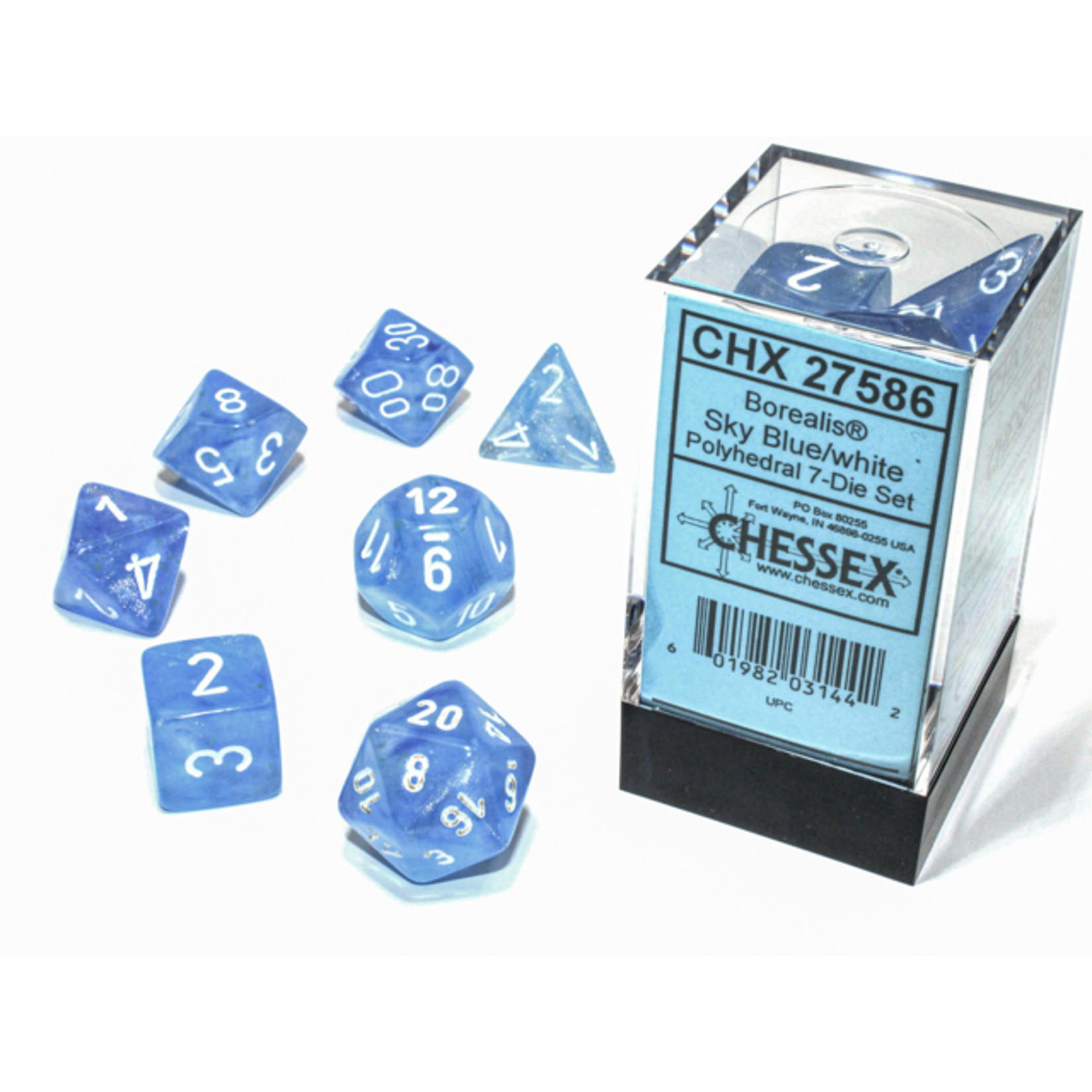 Chessex 7-Piece Dice Set: Borealis Luminary Sky Blue with White Numbers
