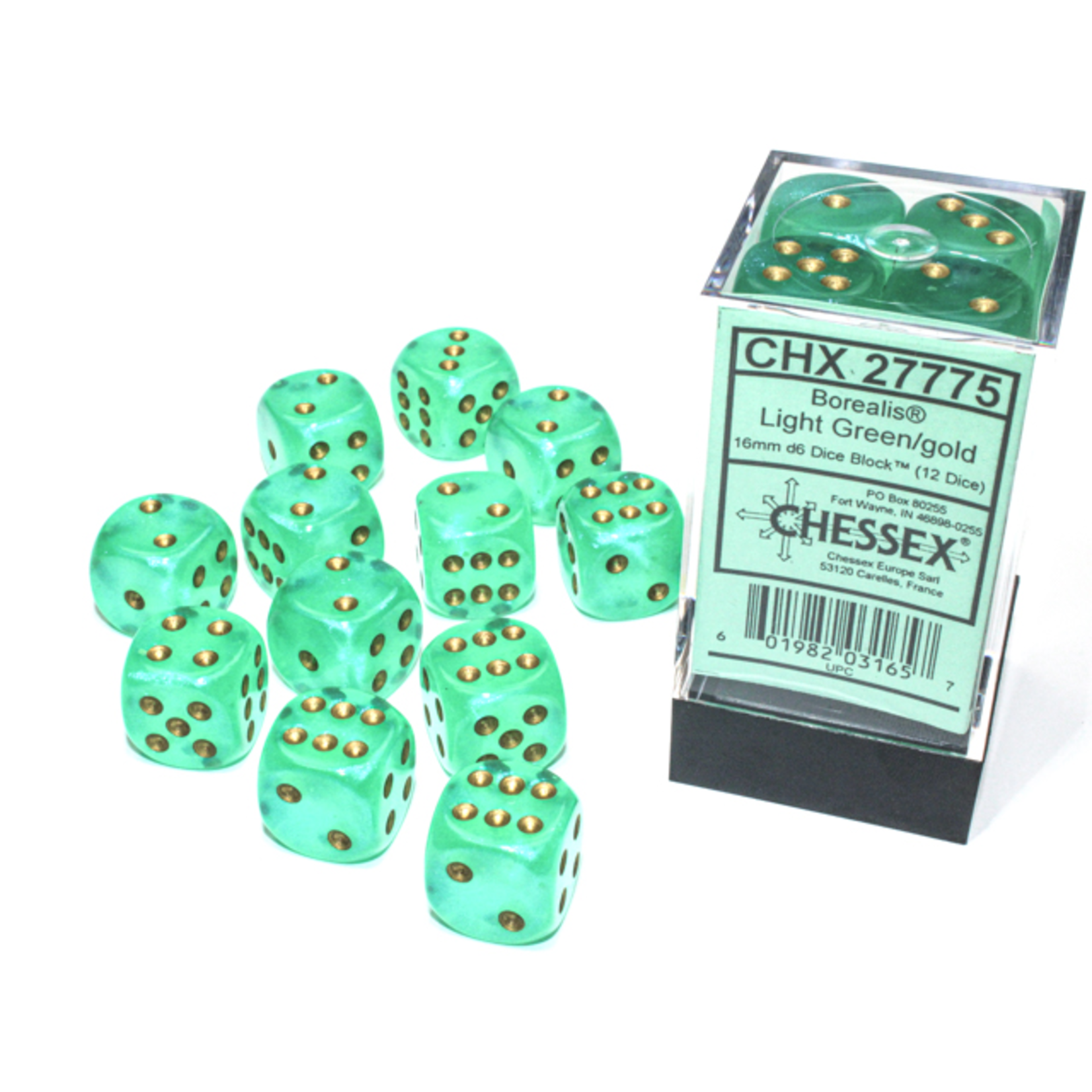 Chessex 12-Piece Dice Set: Borealis Luminary Light Green with Gold Pips (16mm, D6s Only)