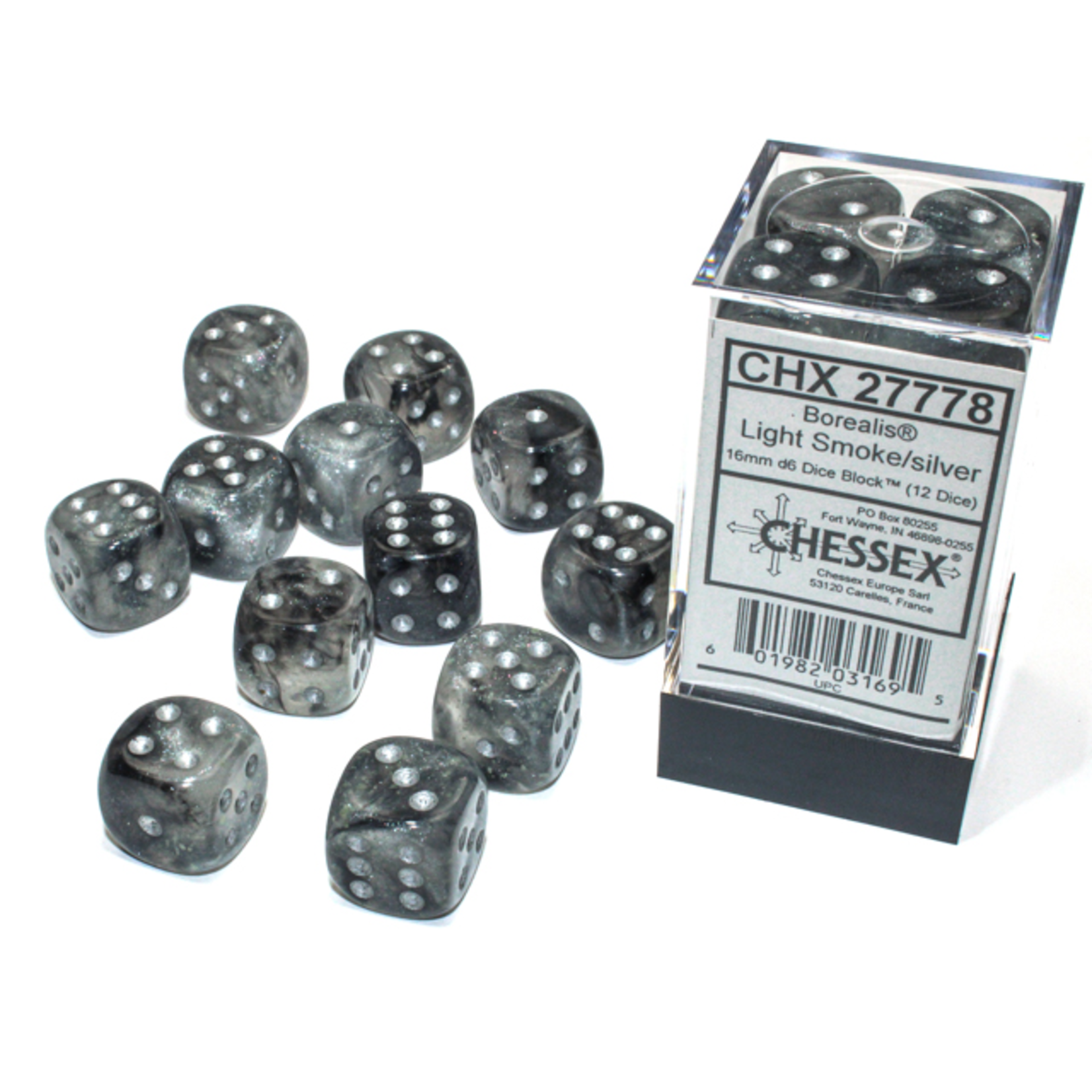 Chessex 12-Piece Dice Set: Borealis Luminary Light Smoke with Silver Pips (16mm, D6s Only)