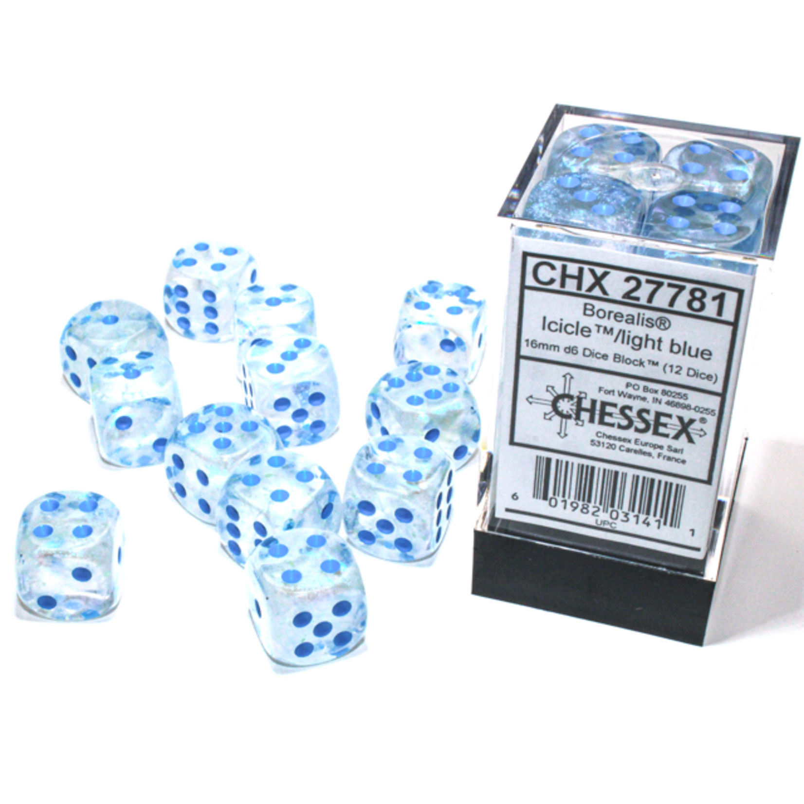 Chessex 12-Piece Dice Set: Borealis Luminary Icicle with Light Blue Pips (16mm, D6s Only)