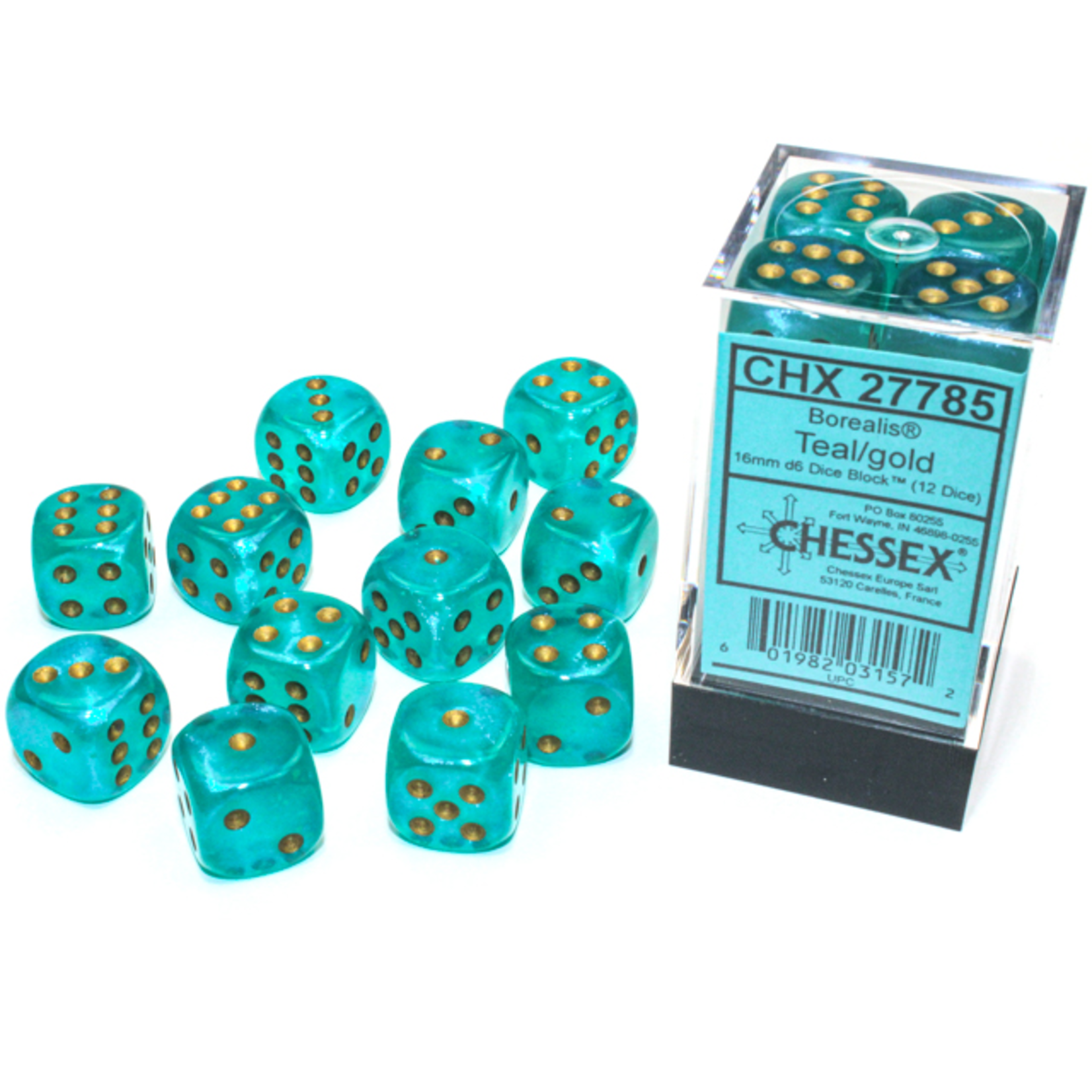 Chessex 12-Piece Dice Set: Borealis Luminary Teal with Gold Pips (16mm, D6s Only)