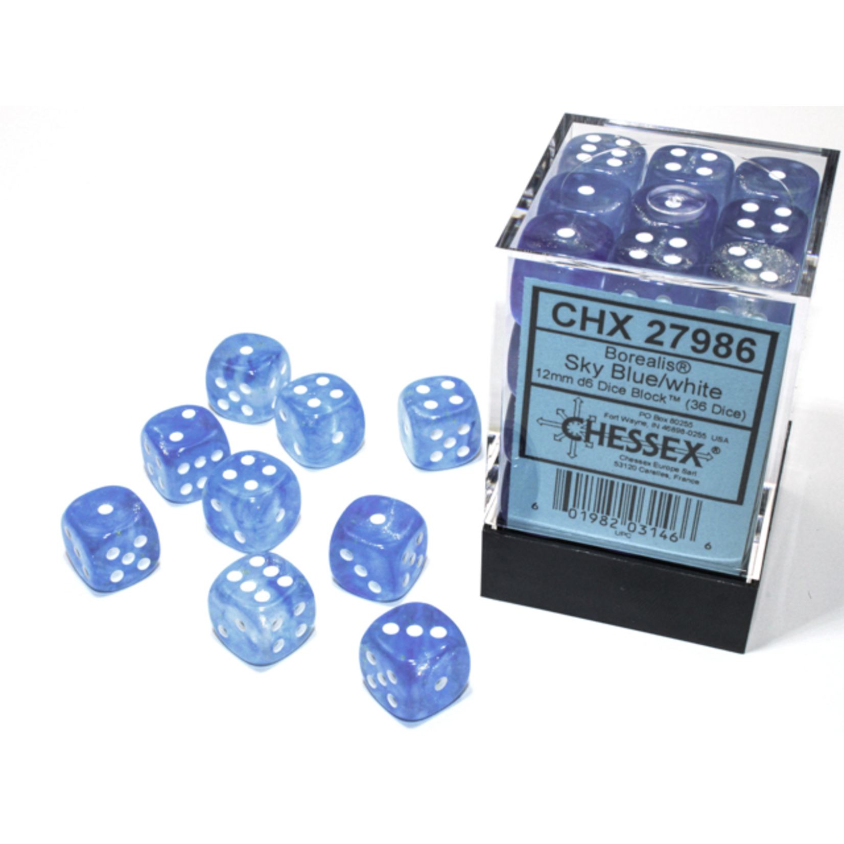 Chessex 36-Piece Dice Set: Borealis Luminary Sky Blue with White Pips (12mm, D6s Only)