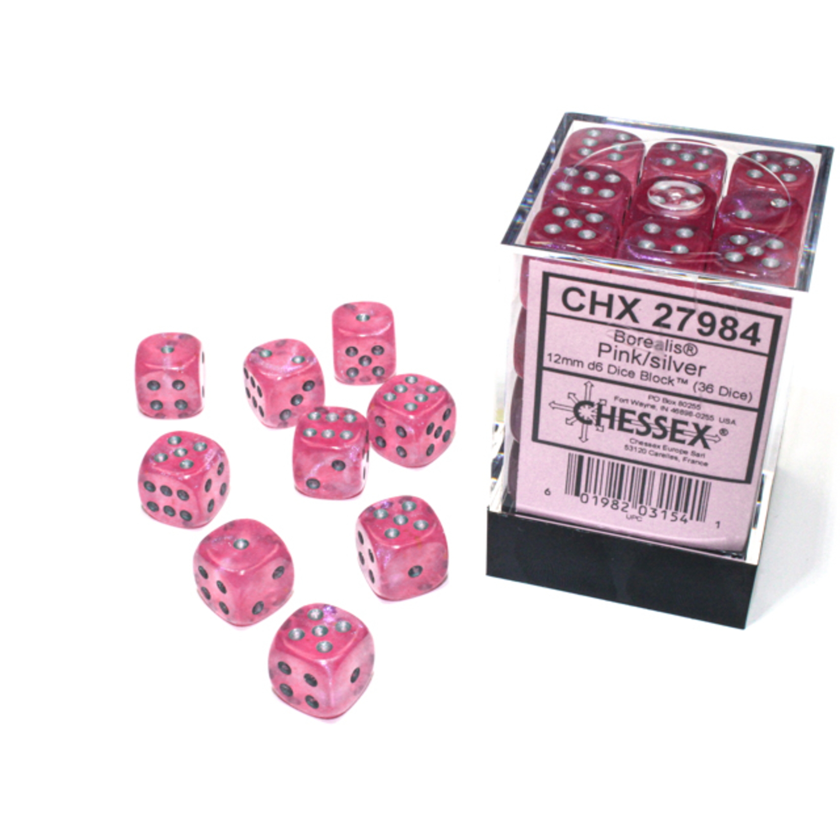 Chessex D6 Cube 12mm Borealis Luminary Pink with Silver Pips (CHX)