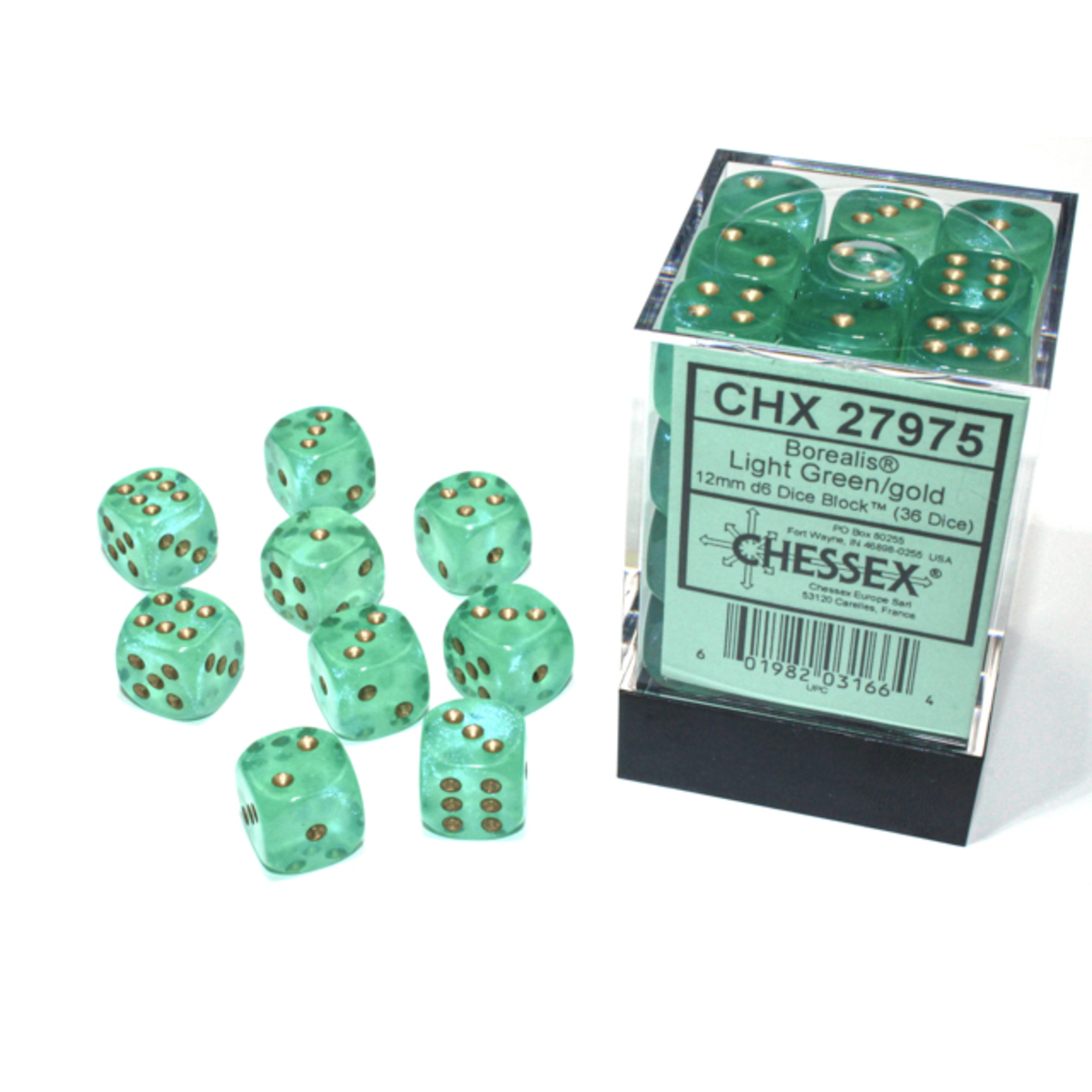 Chessex 36-Piece Dice Set: Borealis Luminary Light Green with Gold Pips (12mm, D6s Only)