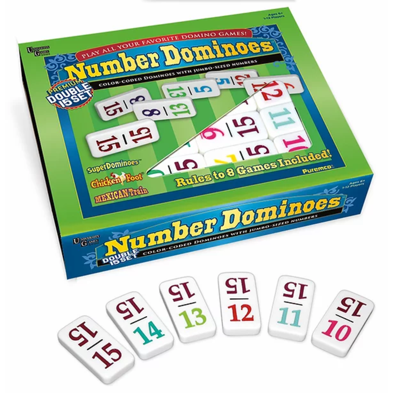 Puremco Double 15 Number Dominoes: Pro Size White/Color Numbers (UG)