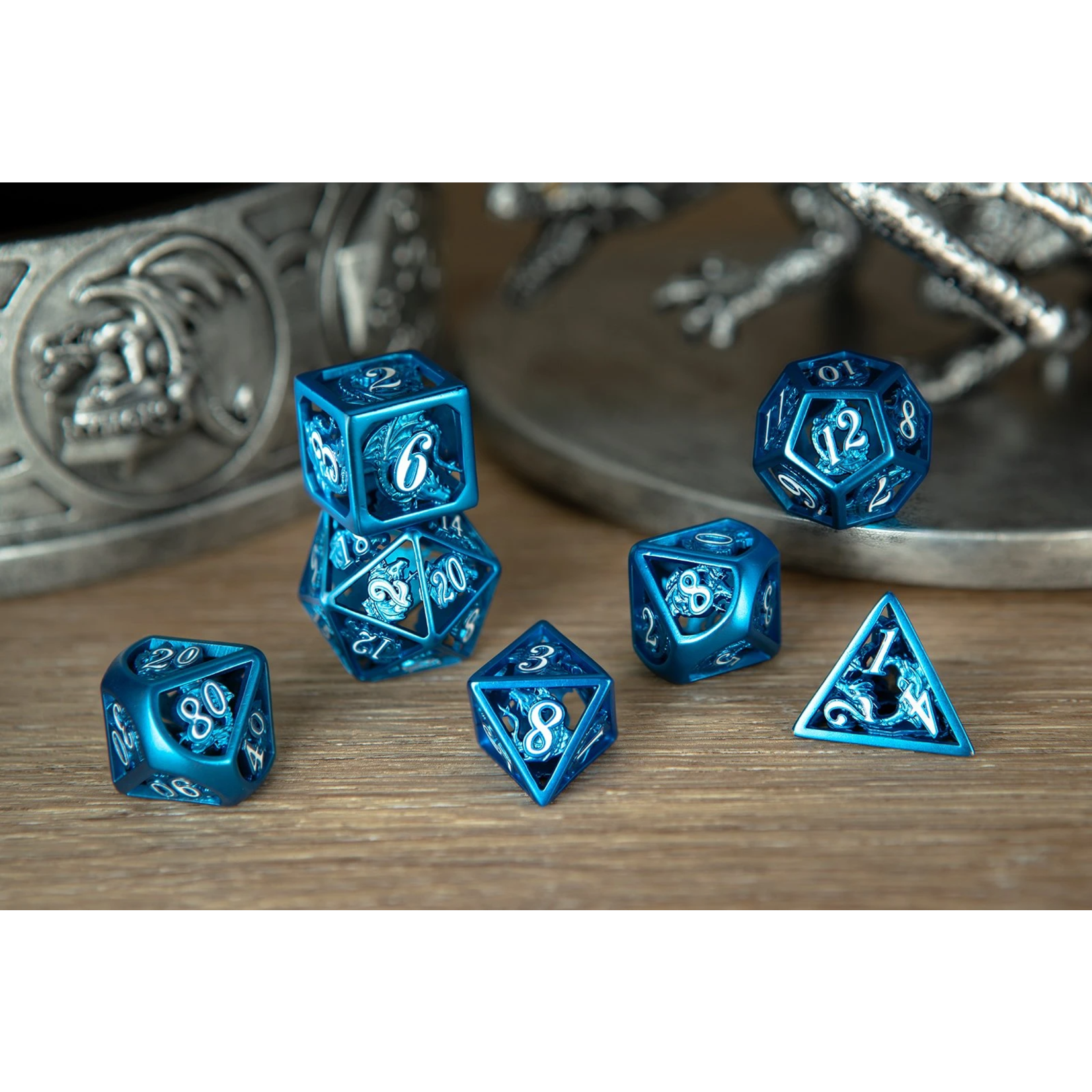 Hymgho Dice US Hymgho 7-Set Blue with White Enamel Hollow Metal Dragon