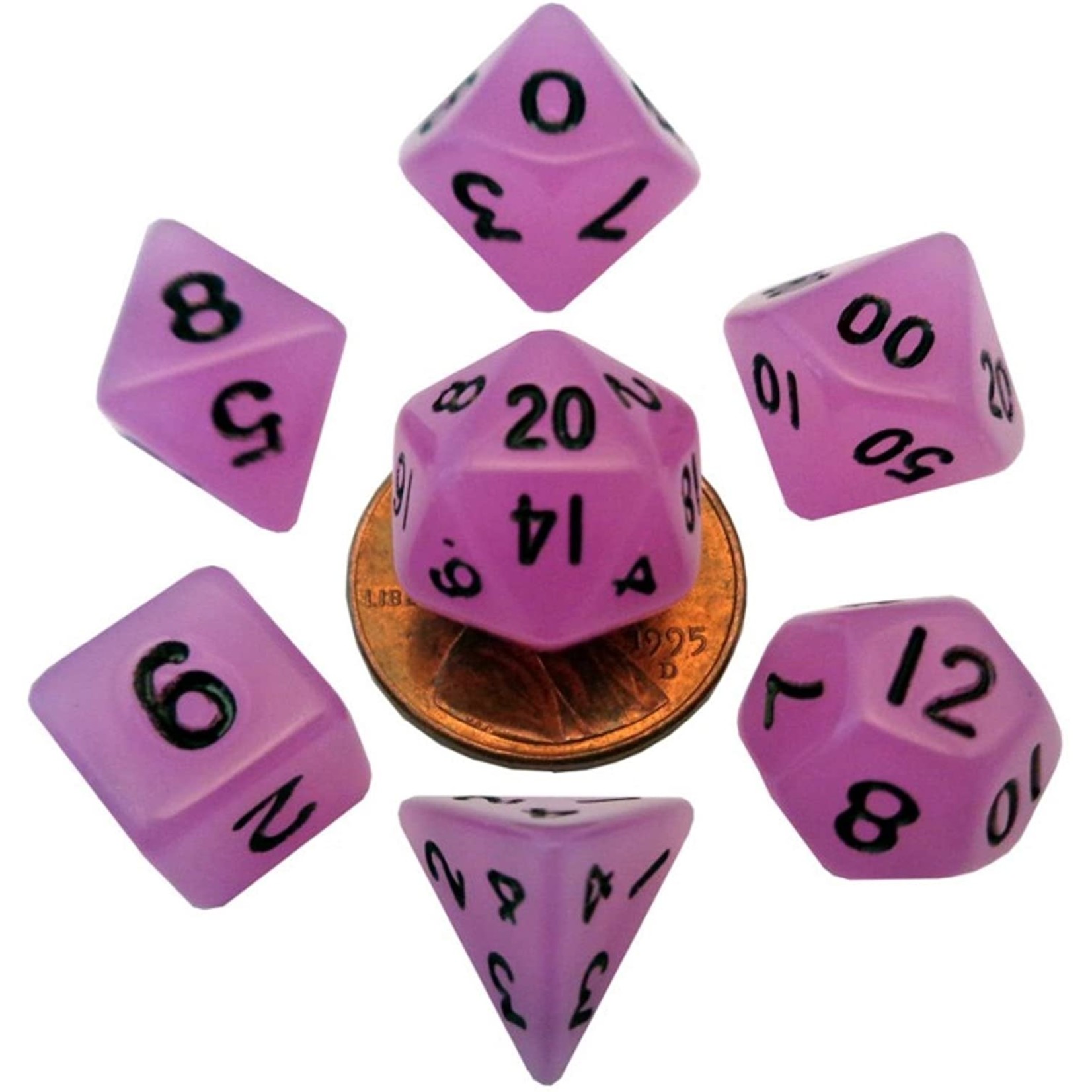 FanRoll 7-Piece Dice Set: Glow in Dark Purple with Black Numbers (10mm)