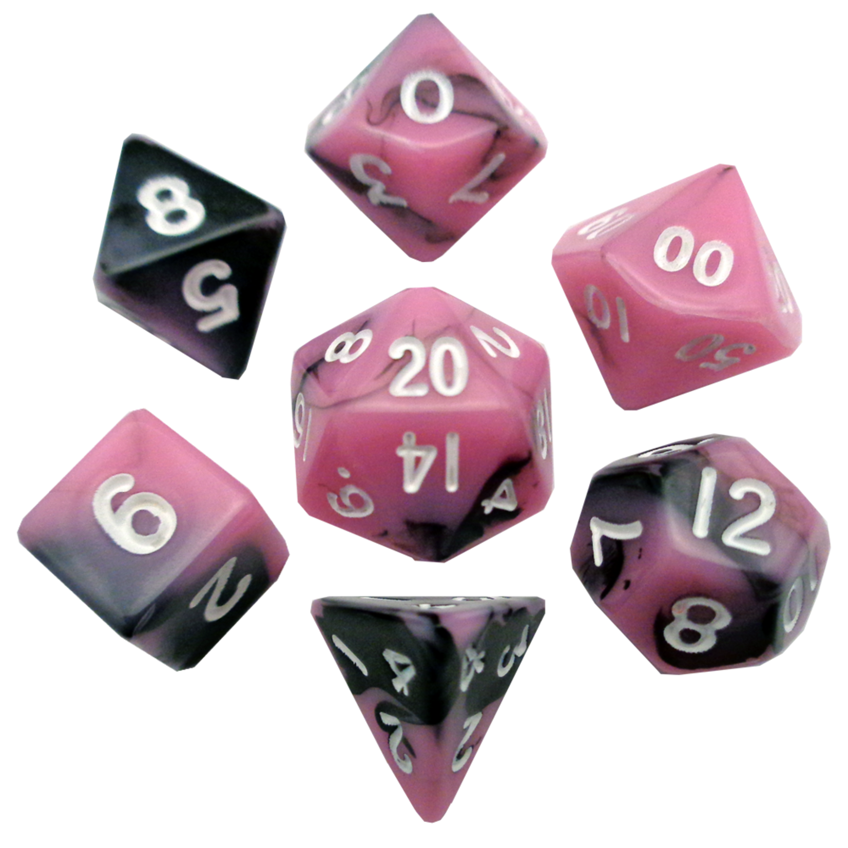 Metallic Dice Games 7-Piece Dice Set: Pink & Black with White Numbers (10mm)