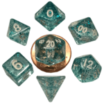 Metallic Dice Games 7-Piece Dice Set: Ethereal Light Blue with White Numbers (10mm)