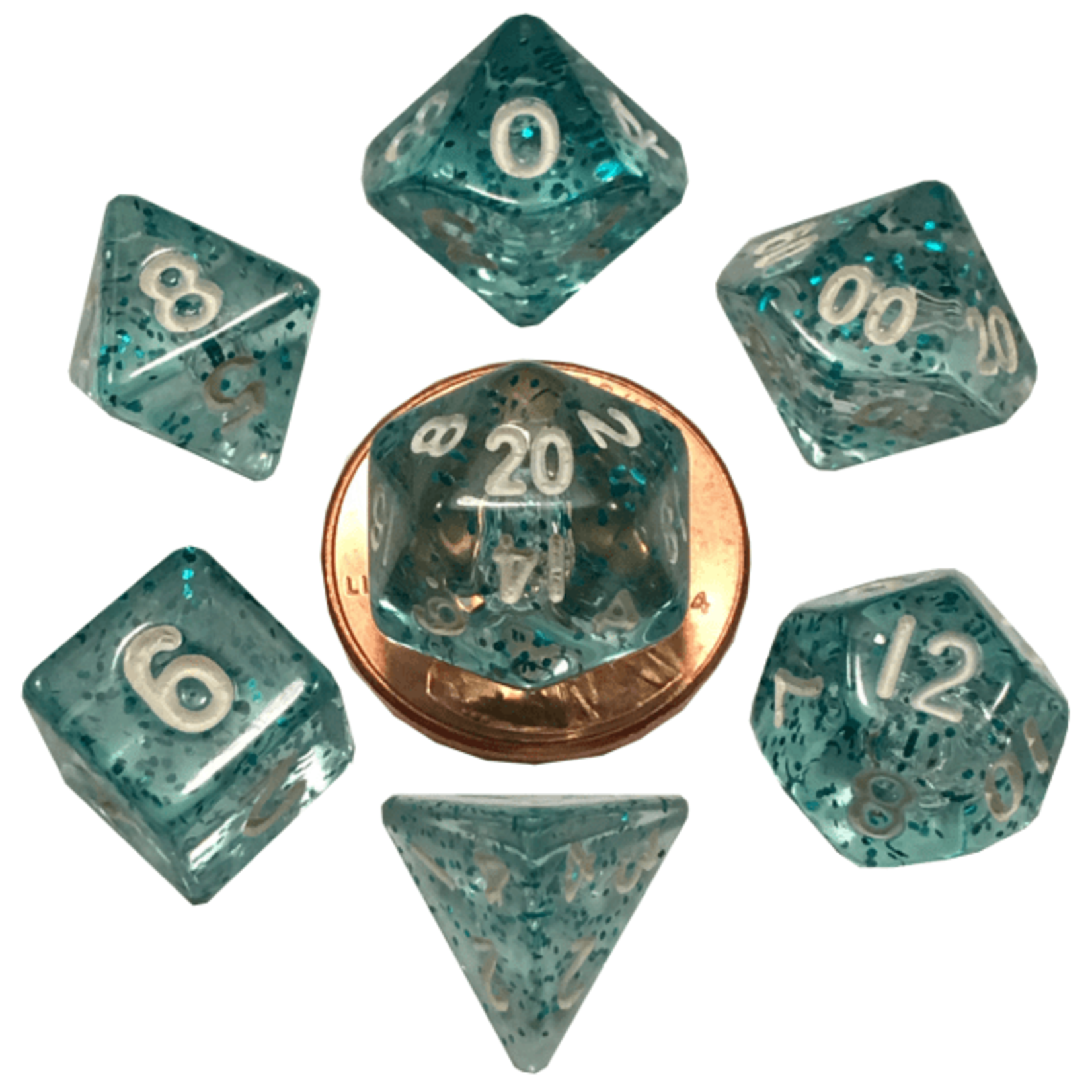 Metallic Dice Games 7-Piece Mini Dice Set: Ethereal Light Blue with White Numbers (10mm)