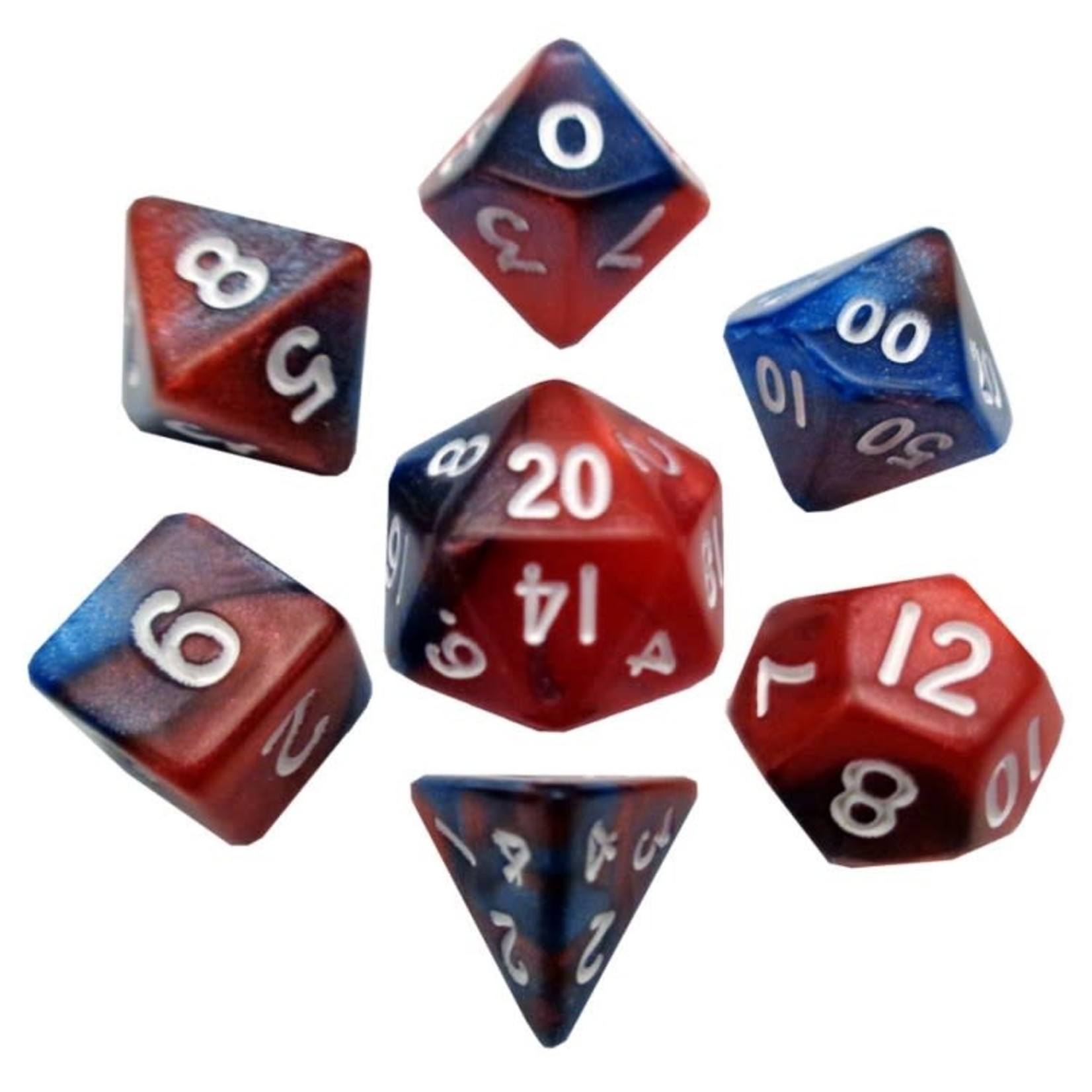 FanRoll 7-Piece Dice Set: Red & Blue with White Numbers (10mm)