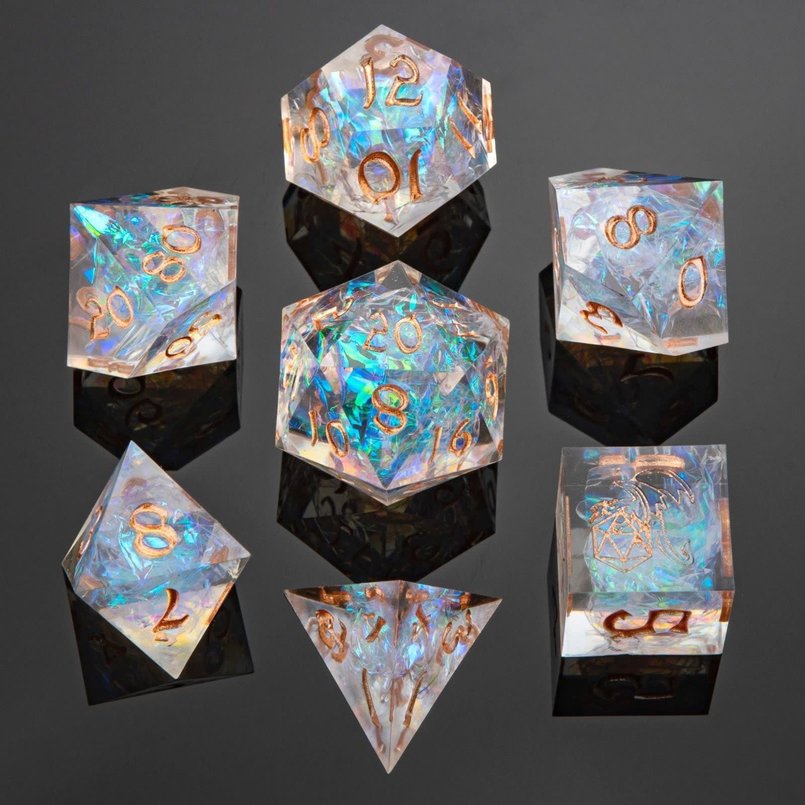 Hymgho Dice US 7-Piece Dice Set: Captured Magic Sharp Edge Resin Opal