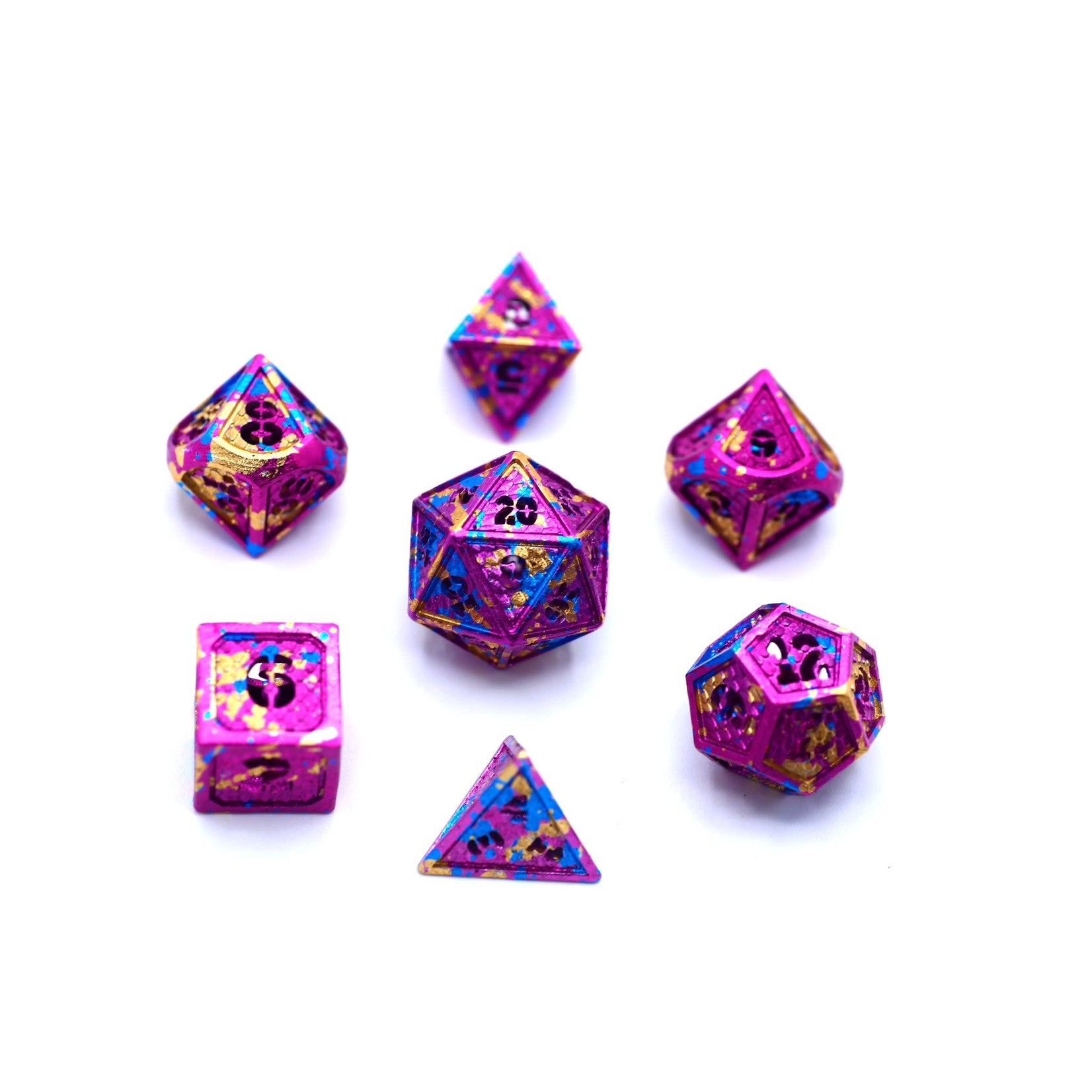 Hymgho Dice US 7-Piece Dice Set: Hollow Metal Wyvern Multi Colored Aluminum