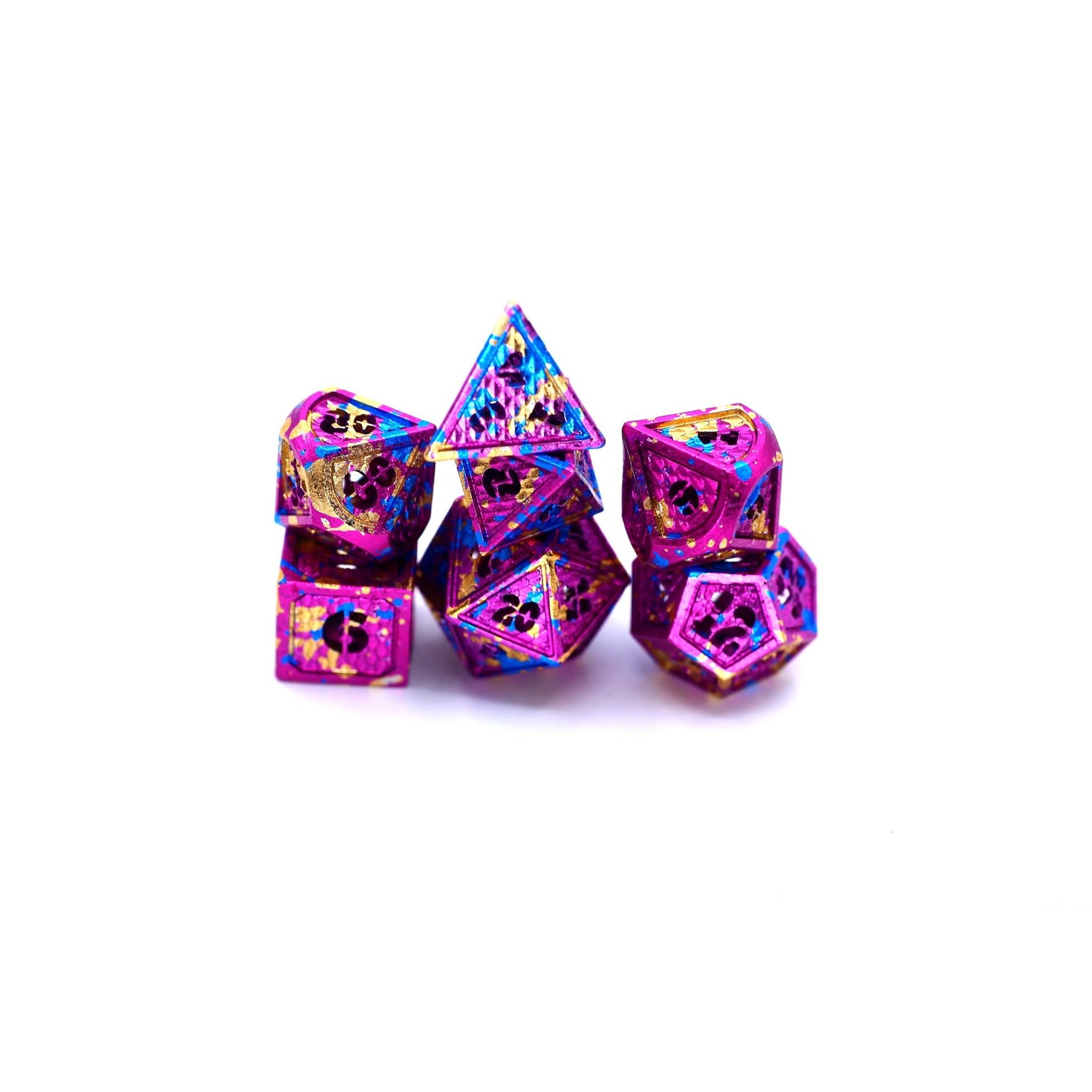 Hymgho Dice US 7-Piece Dice Set: Hollow Metal Wyvern Multi Colored Aluminum