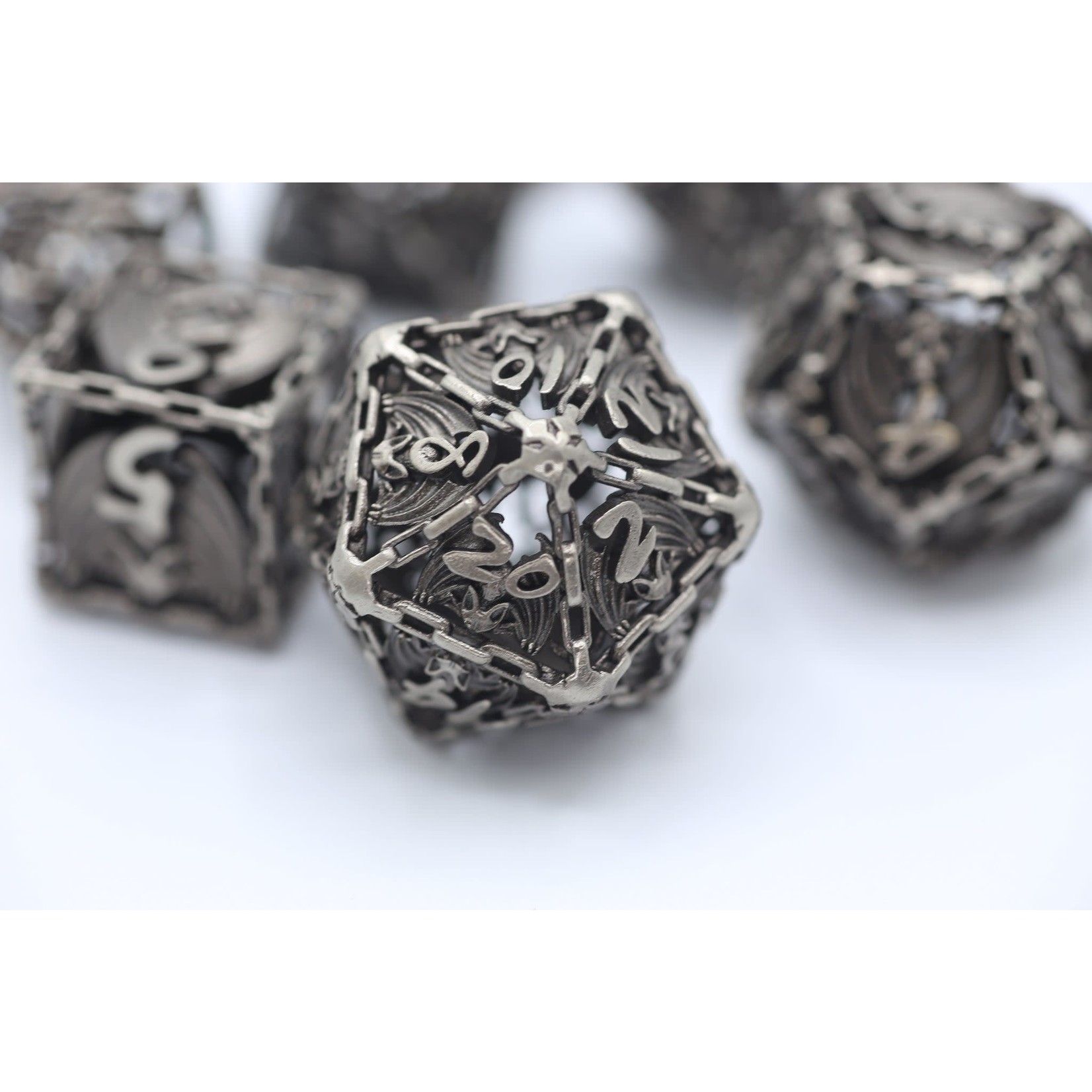 Hymgho Dice US 7-Piece Dice Set: Matte Silver, Hollow Metal in Bat Style