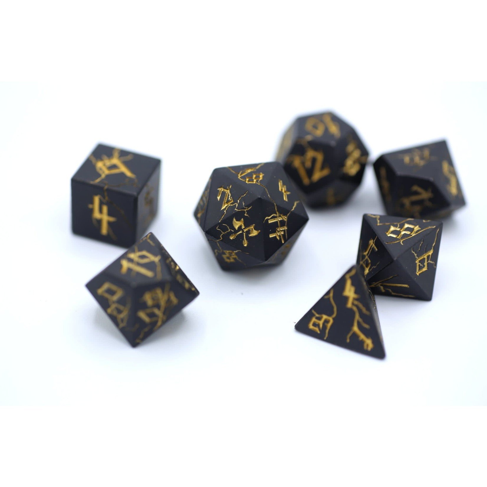 Hymgho Dice US 7-Piece Dice Set: Matte Black Metal in Barbarian Style