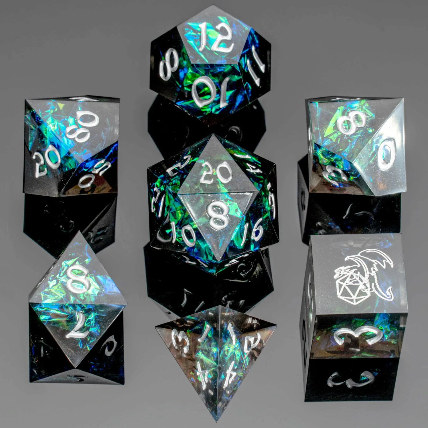 Hymgho Dice US 7-Piece Dice Set: Captured Magic, Sharp Edge, Black (Resin)