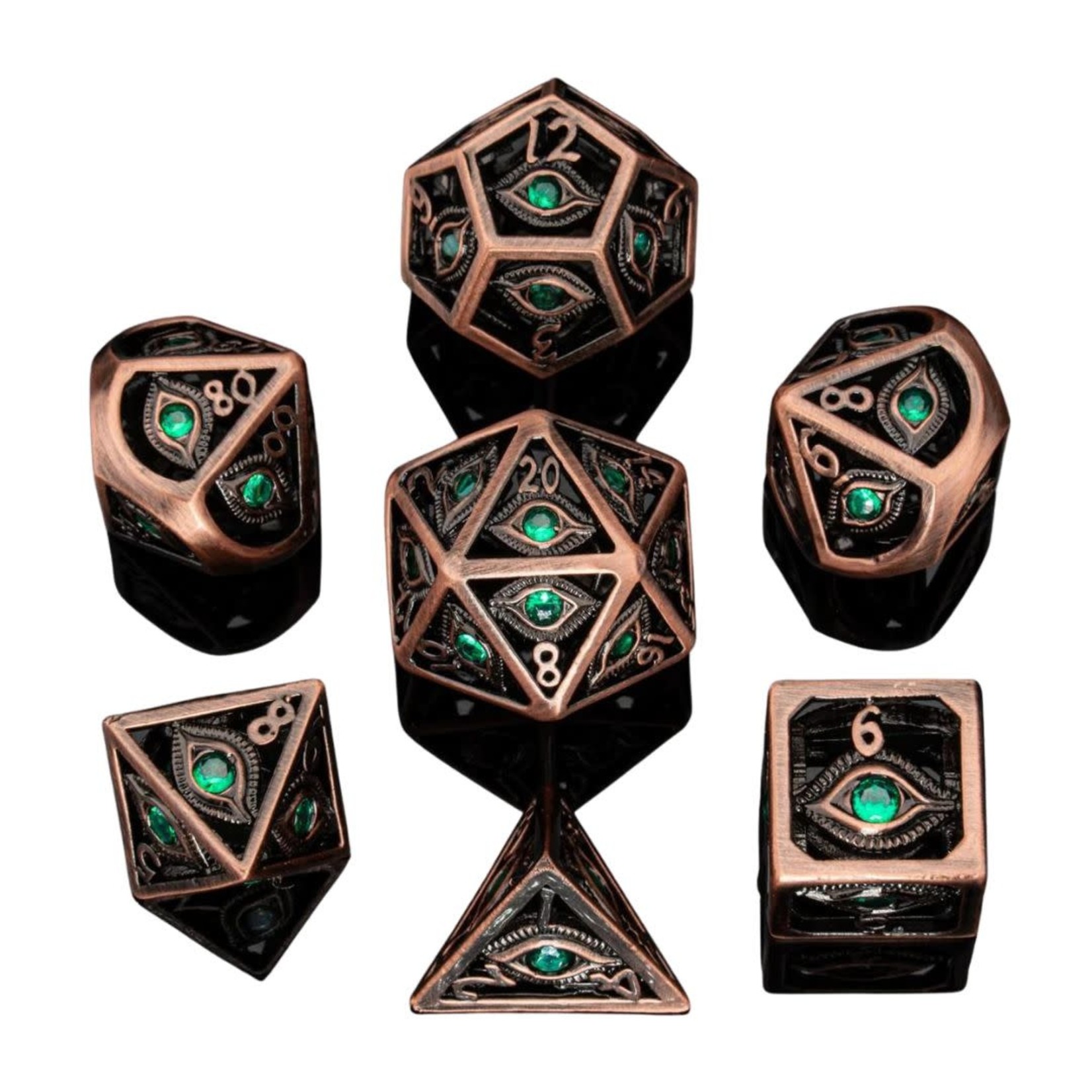 Hymgho Dice US 7-Piece Dice Set: Dragon's Eye, Hollow Metal with Emerald Green Gems