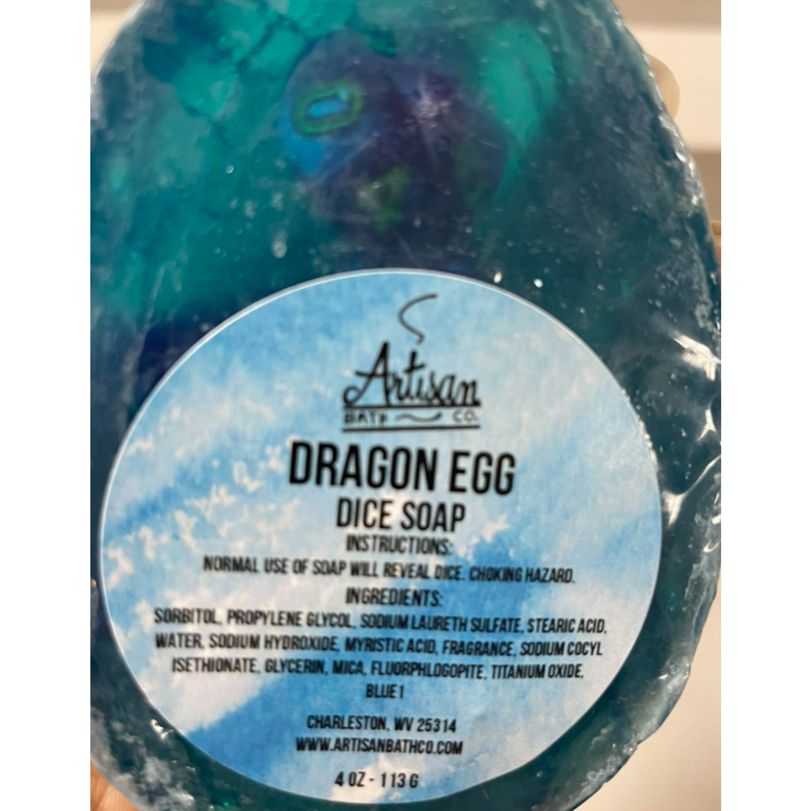 Artisan Bath Co. Dice Soap: Dragon Egg (Blue with 7-Piece Dice Set Inside)