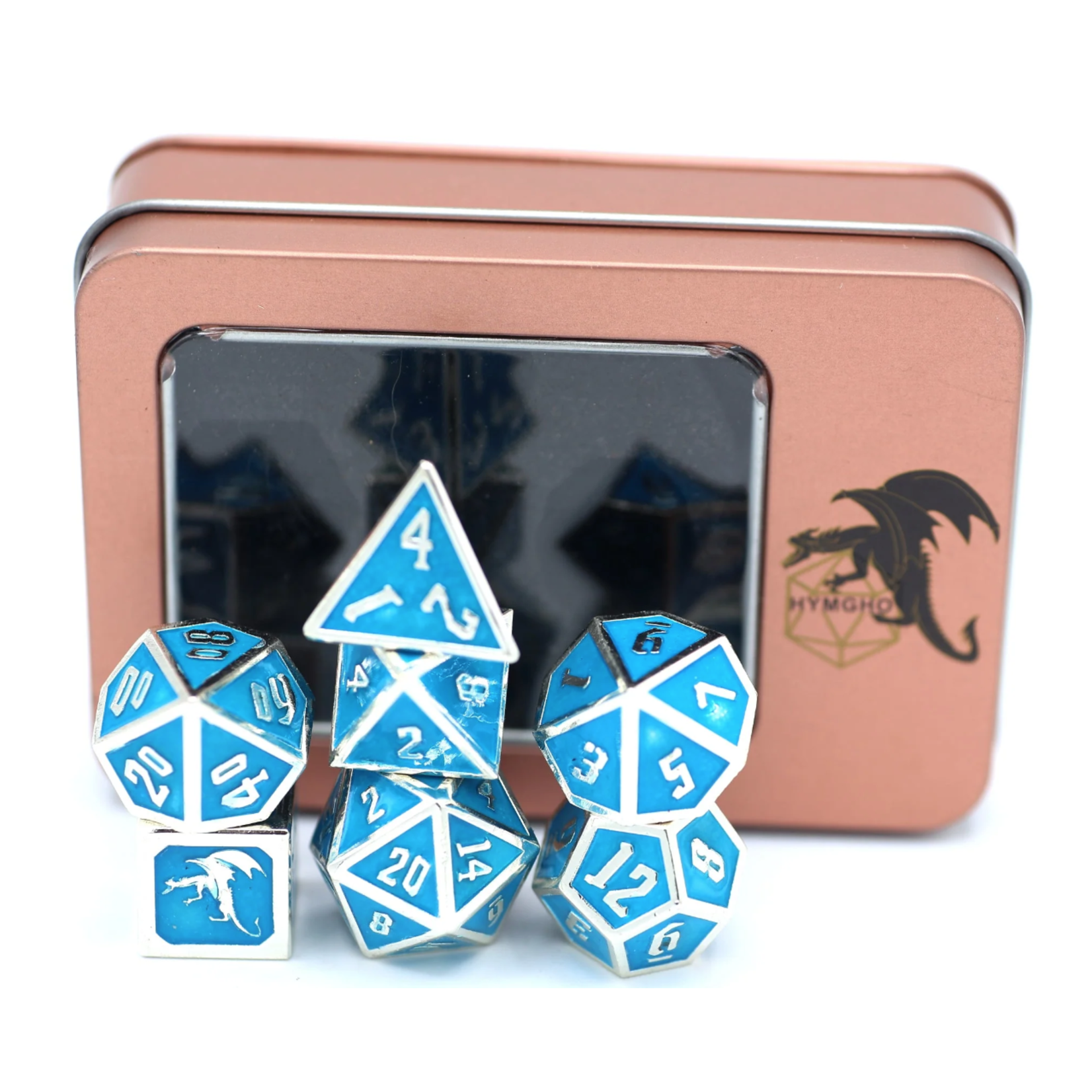 Hymgho Dice US 7-Piece Dice Set: Metal Draconis with Blue Enamel (Glow in the Dark)