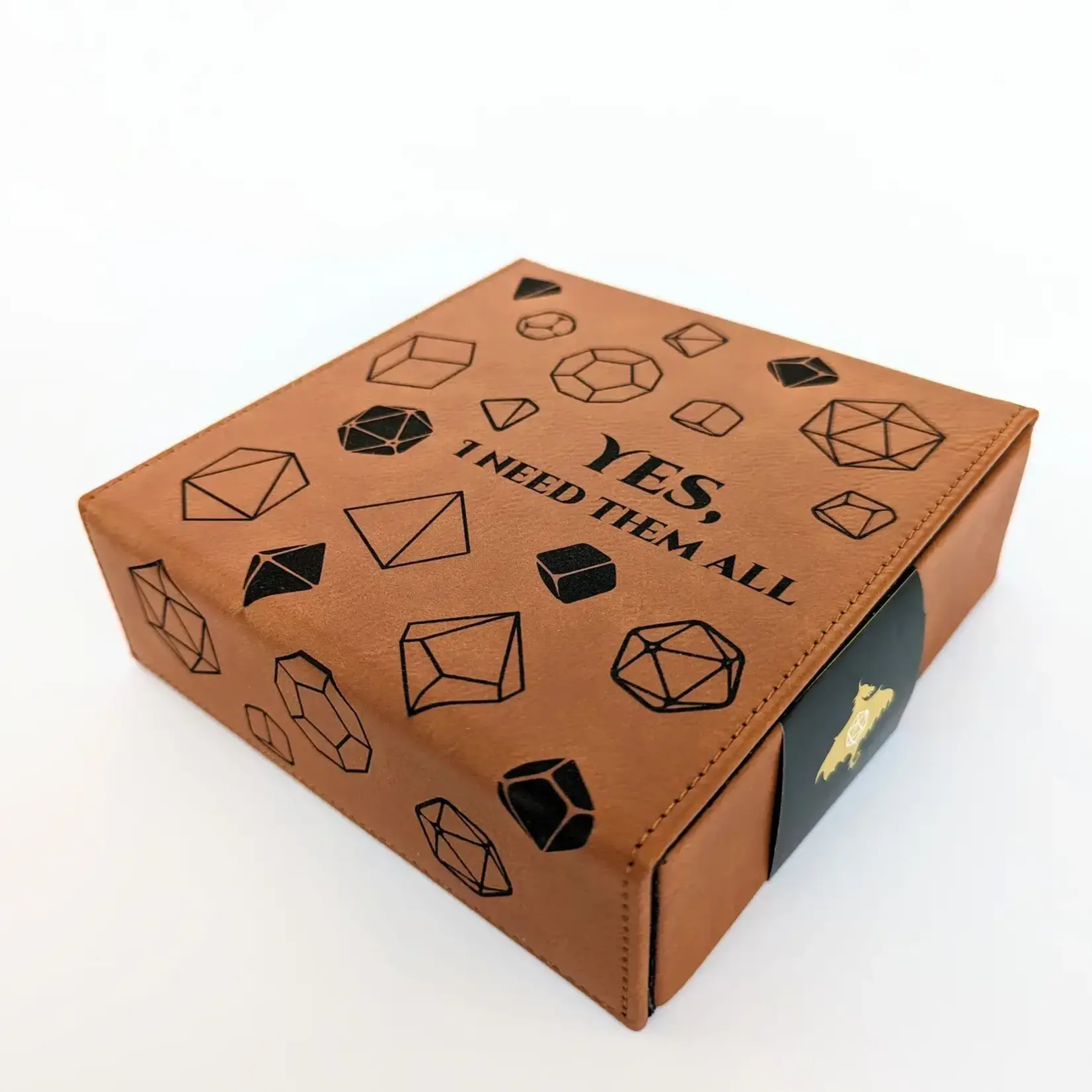 Dice Box: Vegan Leather, Yes, I Need Them All Design (Chestnut