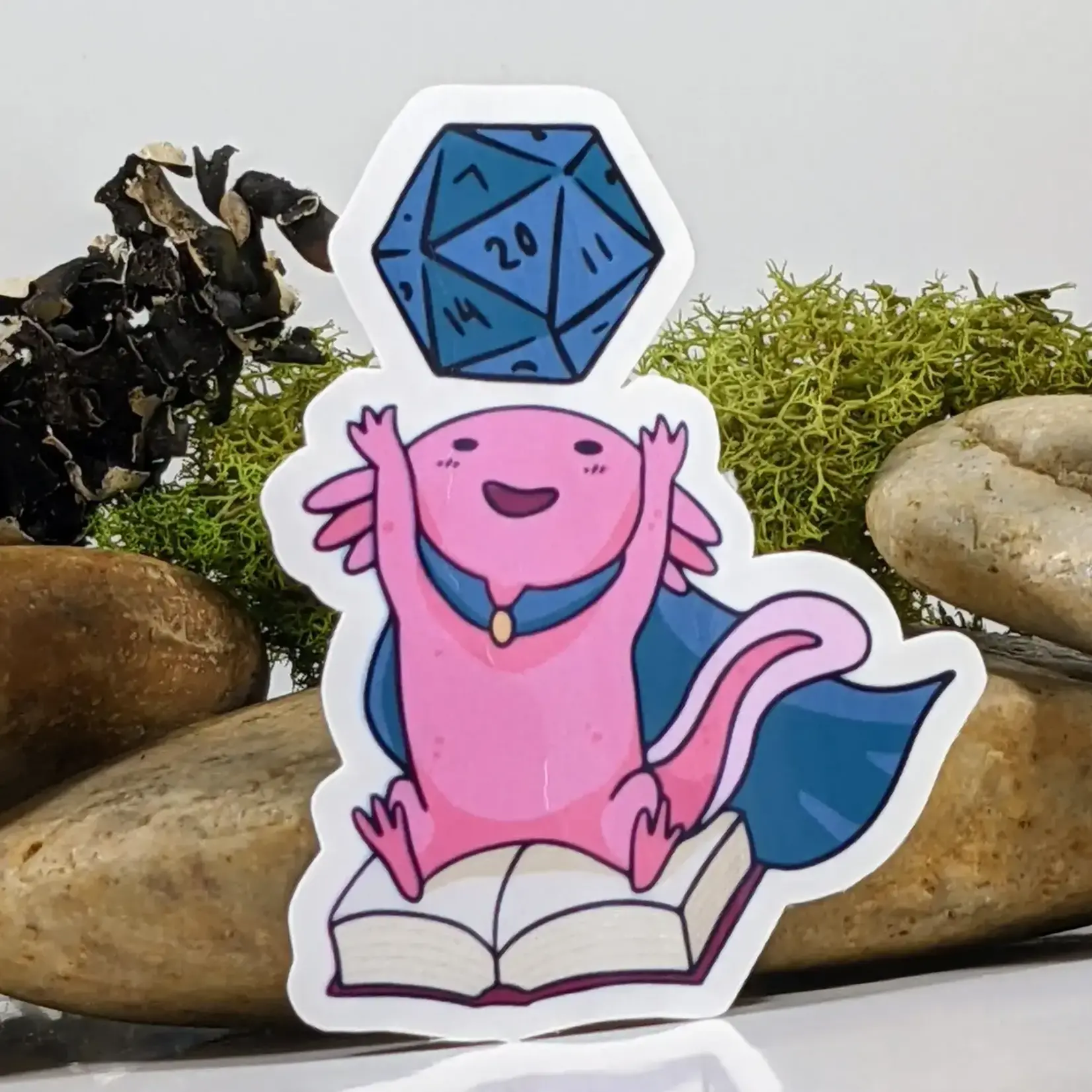 Mimic Gaming Co Sticker: Axolotl Worshipping Polyhedral Dice (3")