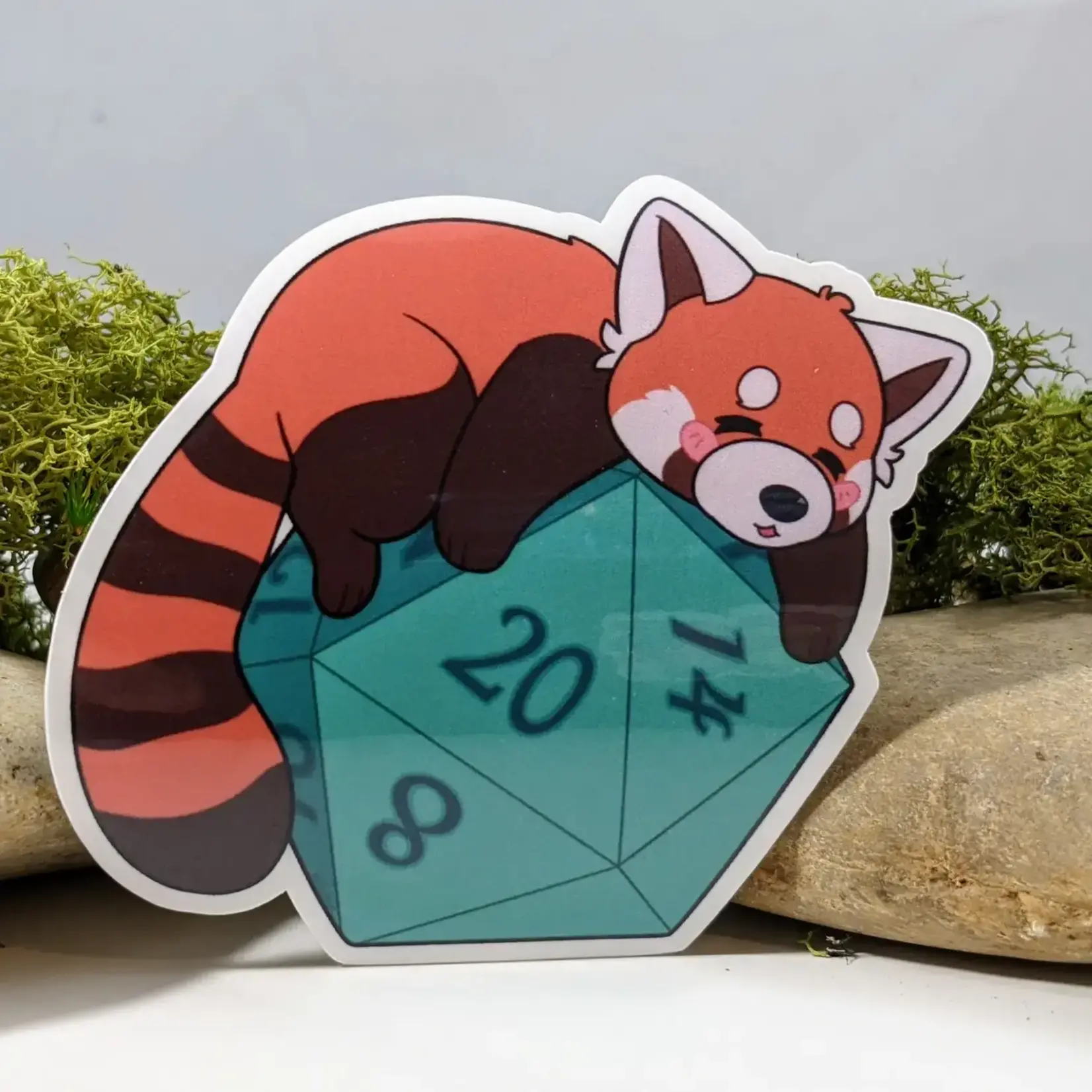 Mimic Gaming Co Sticker: Sleepy Red Panda on Polyhedral D20 Dice (2.5")