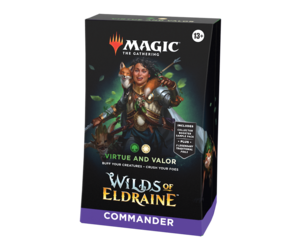 Magic The Gathering Wilds of Eldraine Commander Deck - Virtue and Valor  (100-Card Deck, 2-Card Collector Booster Sample Pack + Accessories)