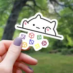 Mimic Gaming Co Sticker: White Cat Throwing Polyhedral Dice (3")