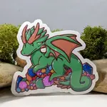 Mimic Gaming Co Sticker: Green Dragon Guarding Horde of Dice (2.5")