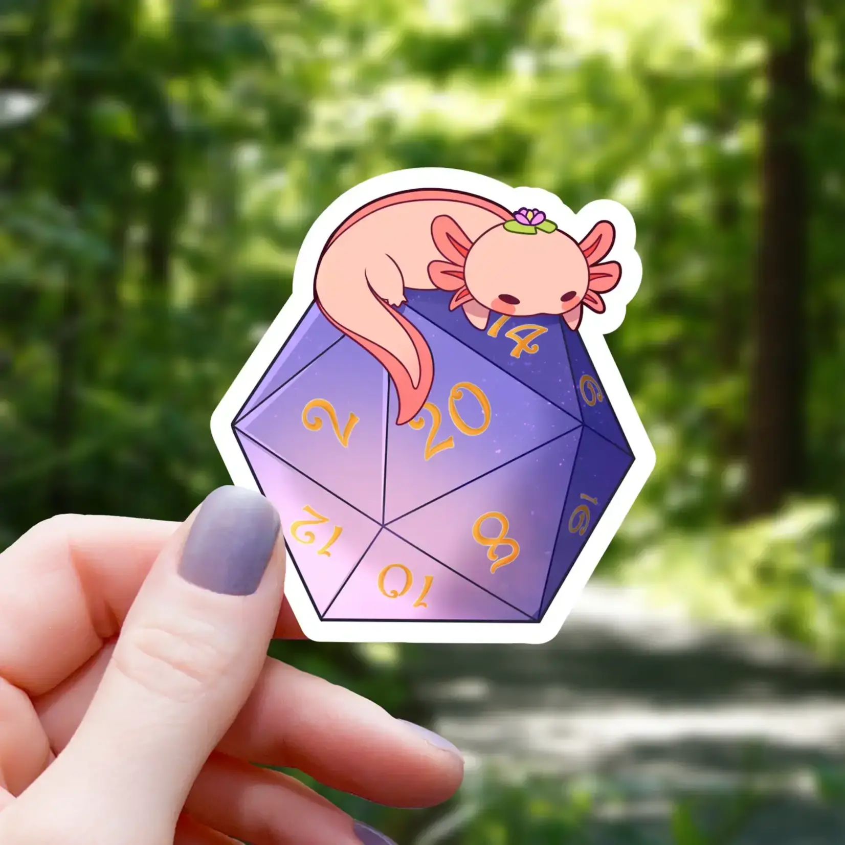 Mimic Gaming Co Sticker: Axolotl Sleeping on D20 (3")