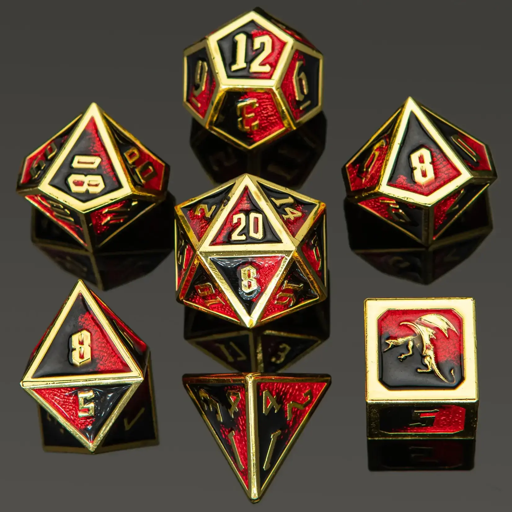 Hymgho Dice US 7-Piece Dice Set: Solid Metal Draconis Dice - Gold w/ Red and Black