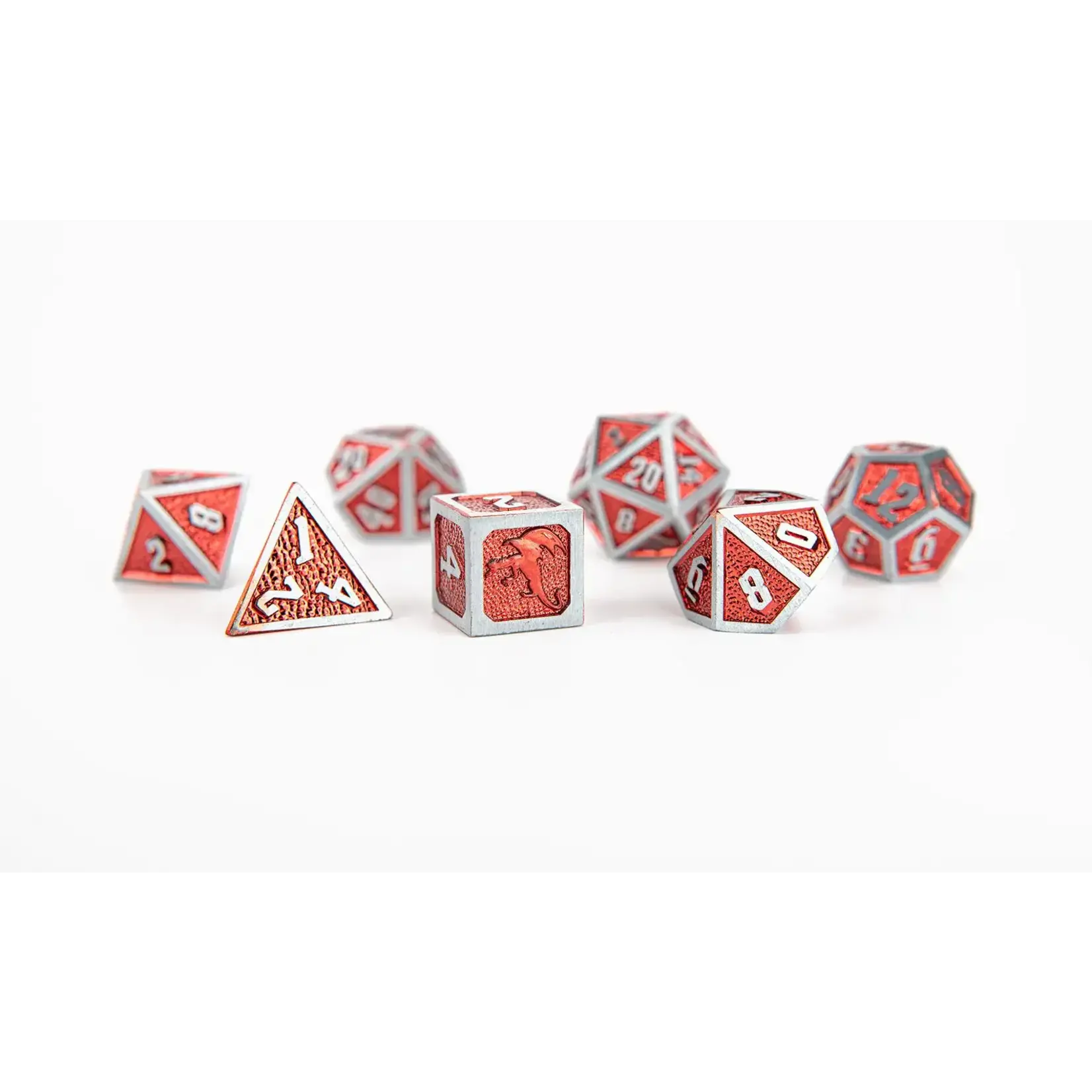 Hymgho Dice US 7-Piece Dice Set: Solid Metal Draconis Dice - Brushed Iron w/ Red