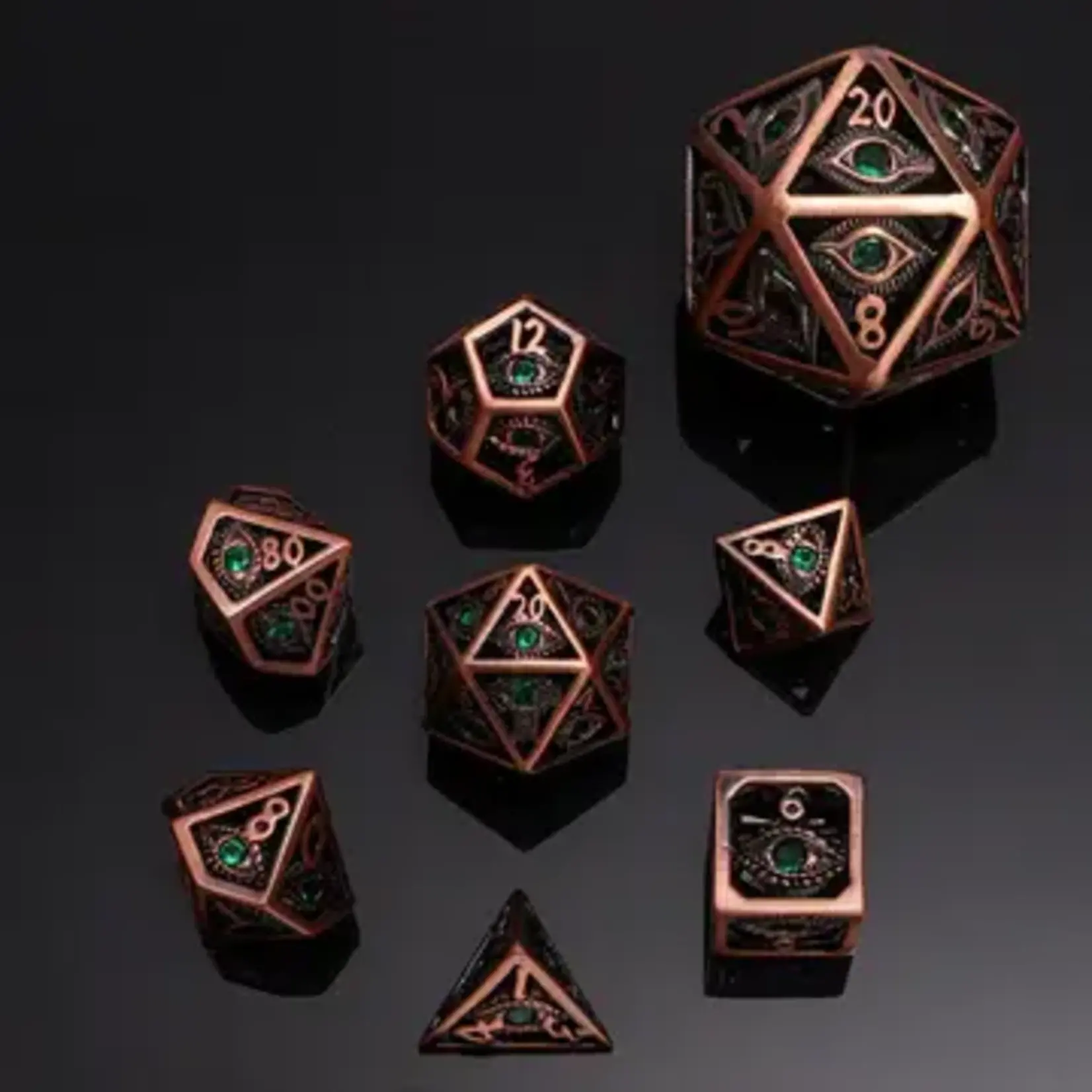 Hymgho Dice US 7-Piece Dice Set: Dragon's Eye Hollow Metal - Copper Metal Emerald Green Gems MINI 10MM