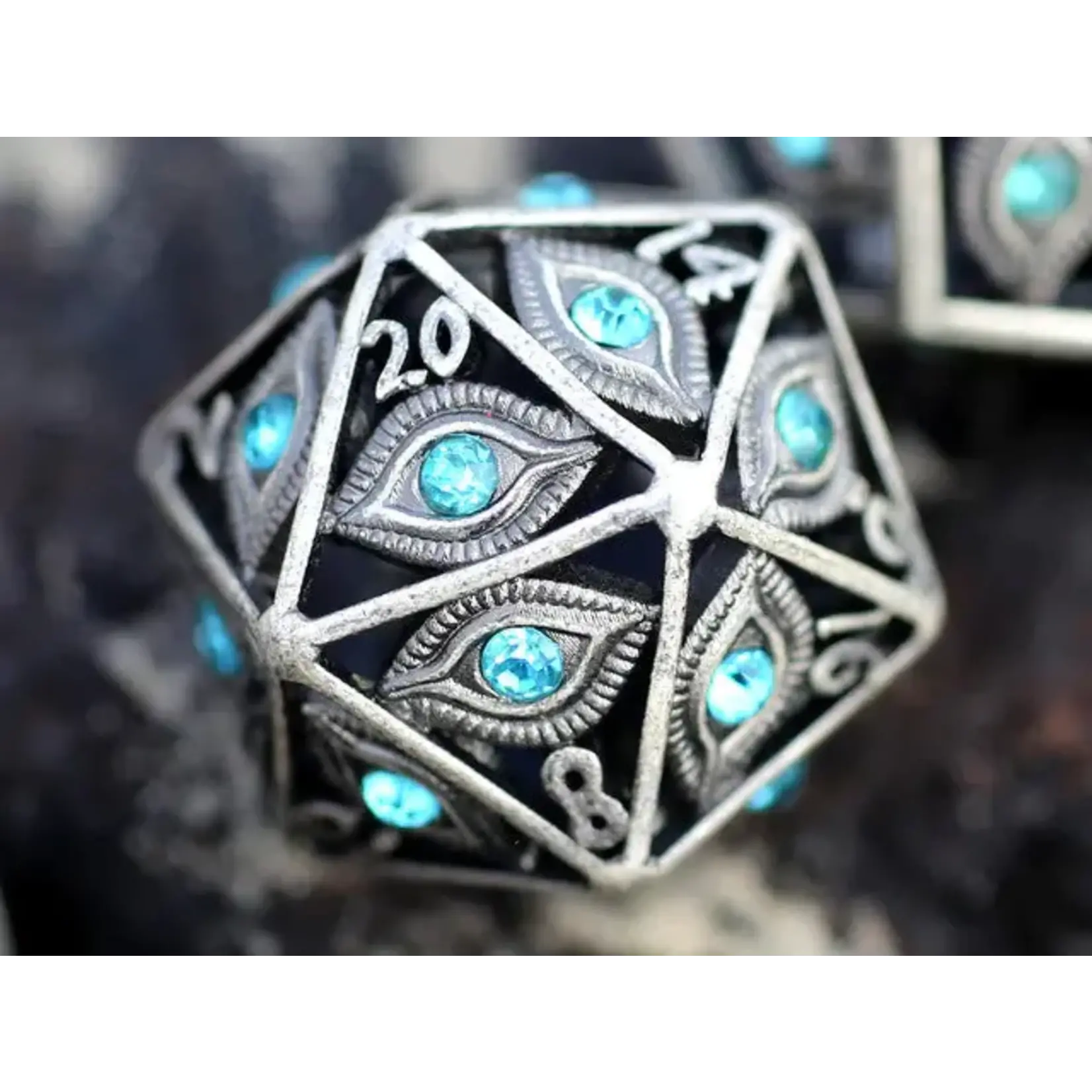 Hymgho Dice US D20 Die: Dragon's Eye Hollow Grey Metal Aqua Blue Gems