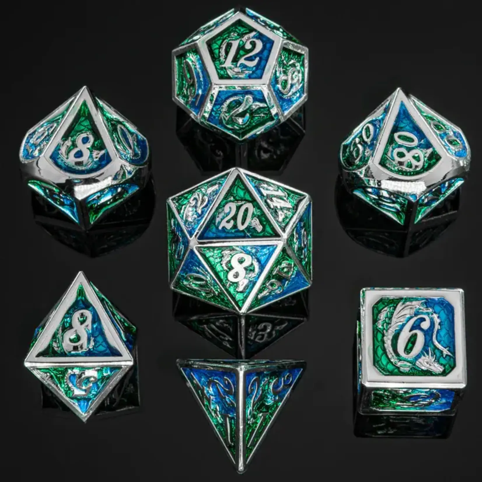 Hymgho Dice US 7-Piece Dice Set: Solid Metal Silver w/ Green and Blue