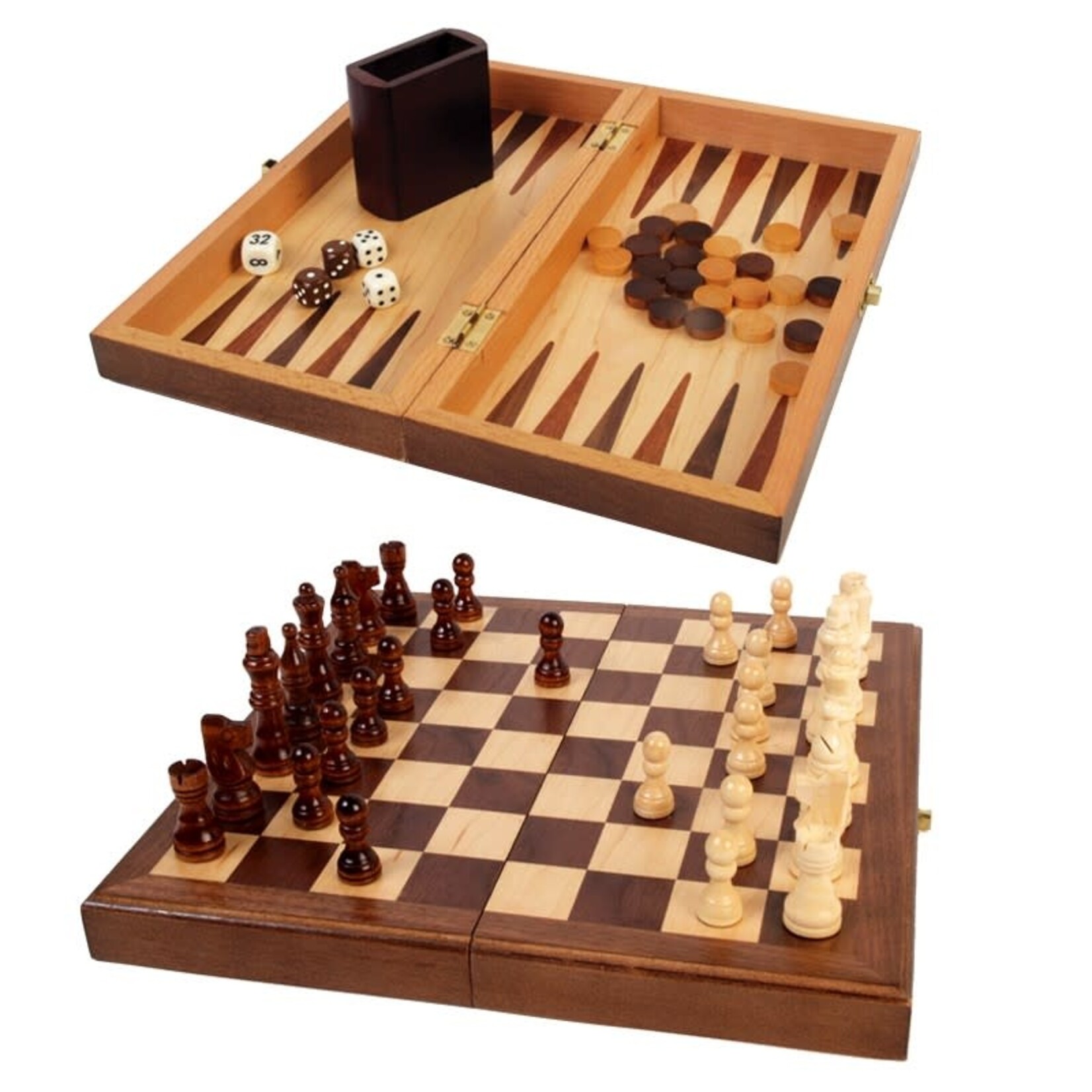 John Hansen 11.5-Inch 3-in-1 Folding Chess, Checkers and Backgammon Set (Walnut Wood)