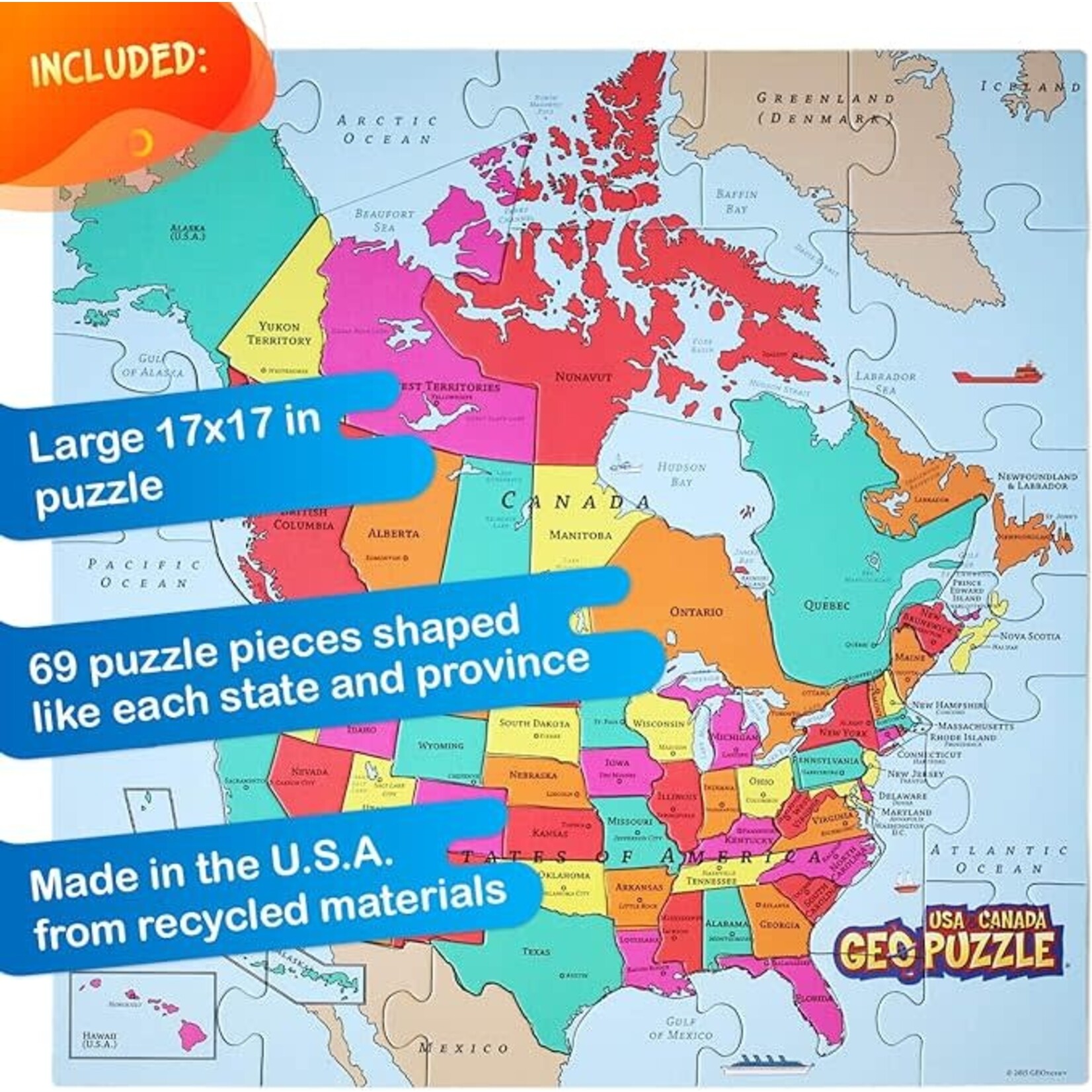 Geotoys GeoPuzzle: USA & Canada, 69-Piece Floor Puzzle