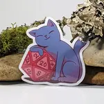 Mimic Gaming Co Sticker: Grey Cat Holding Onto D20 Polyhedral Dice (2.5")