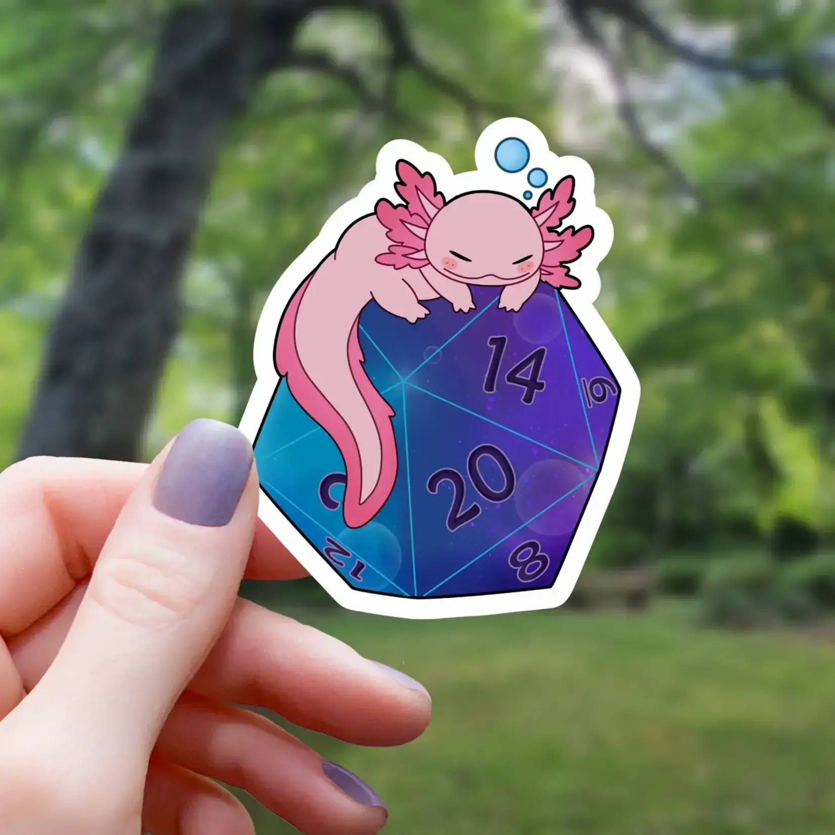 Mimic Gaming Co Sticker: Axolotl On Galaxy D20 Dice (3")