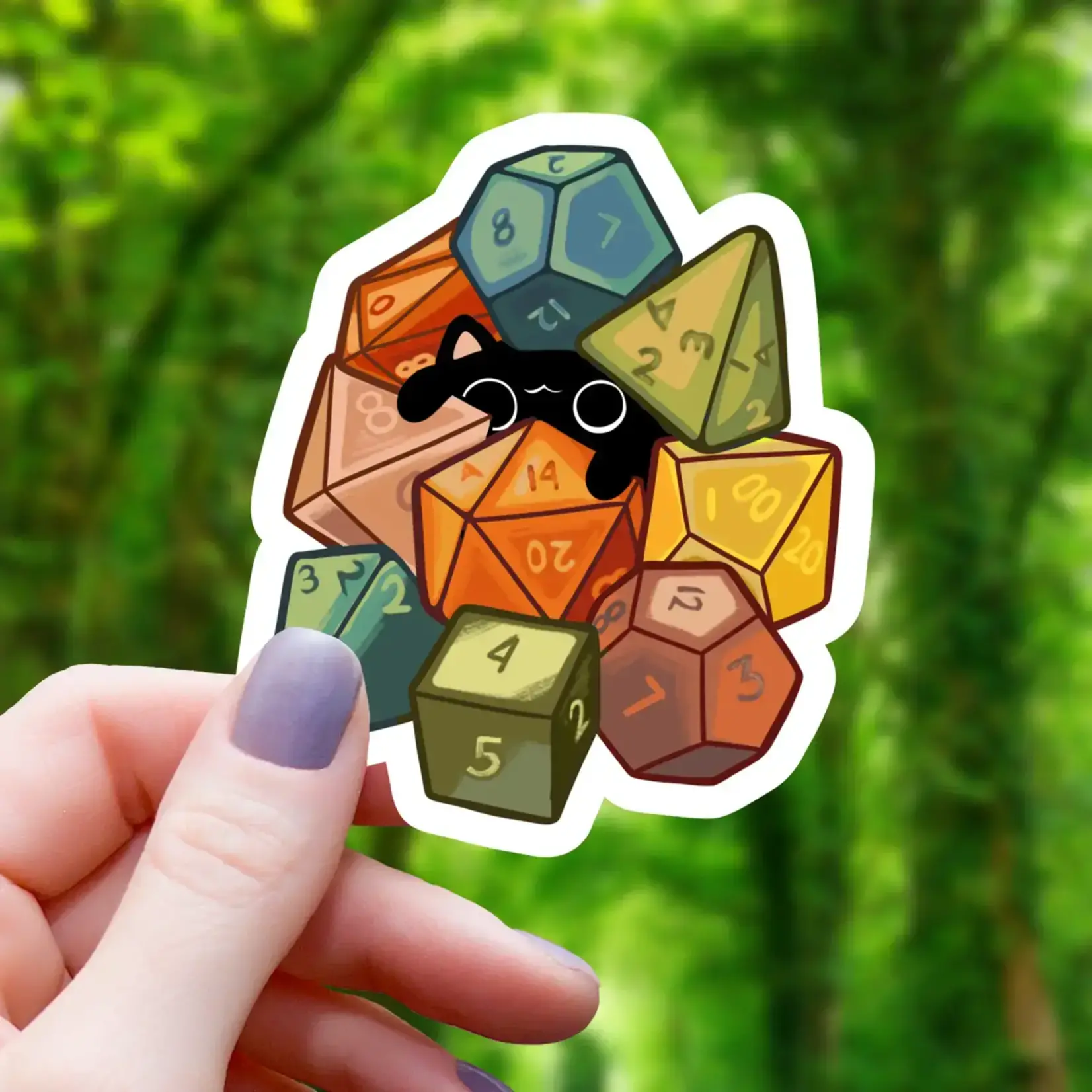 Mimic Gaming Co Sticker: Cat Amongst Polyhedral Dice (3")