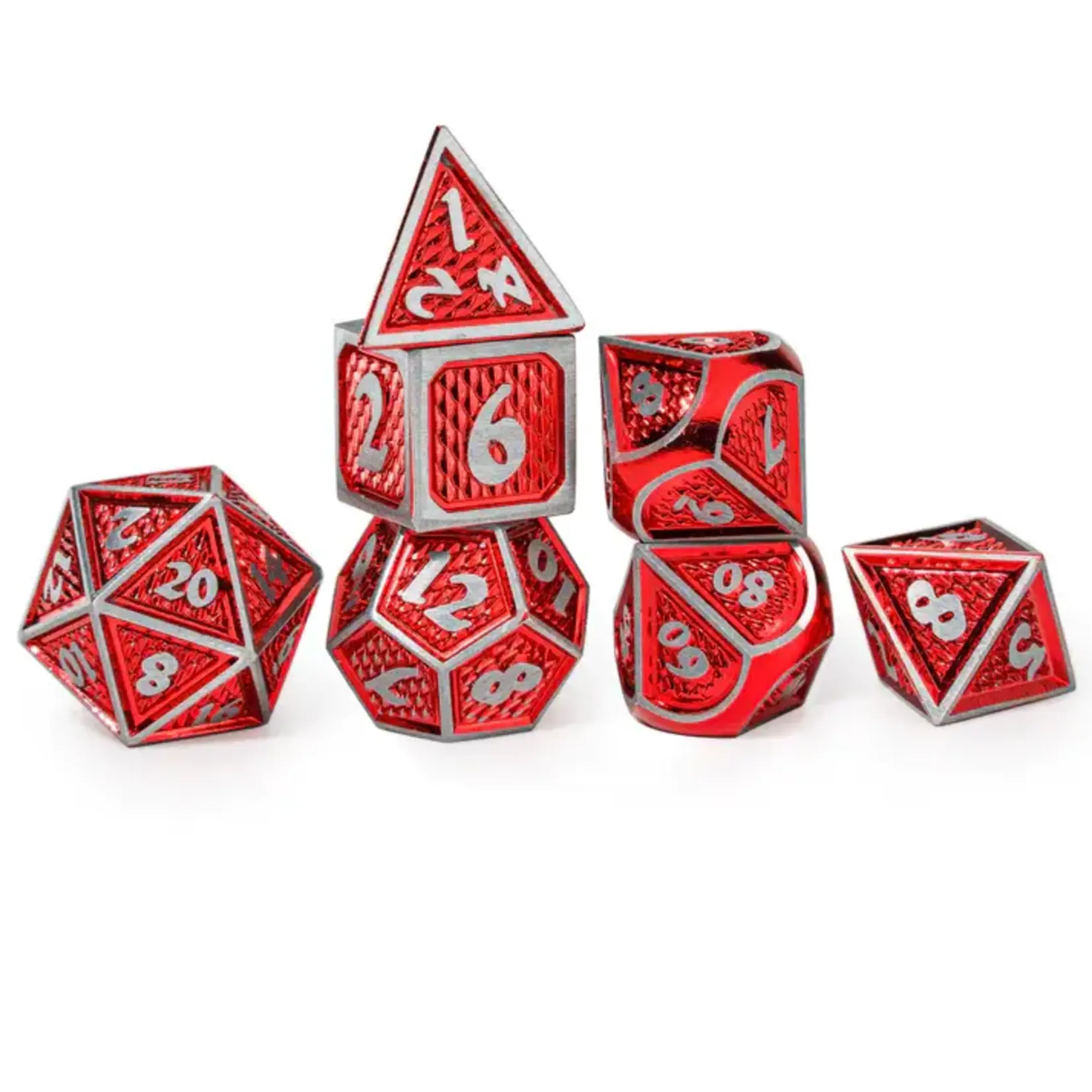 Hymgho Dice US 7-Piece Dice Set: Behemoth (Brushed Red with Silver; Solid Metal)