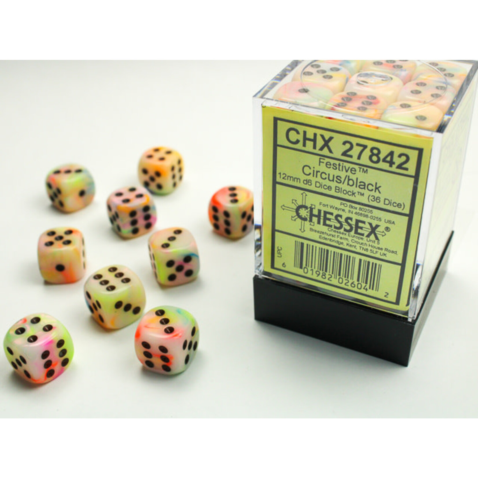 Chessex 36-Piece Dice Set: Festive Poly Circus with Black Pips (12mm, D6s Only)