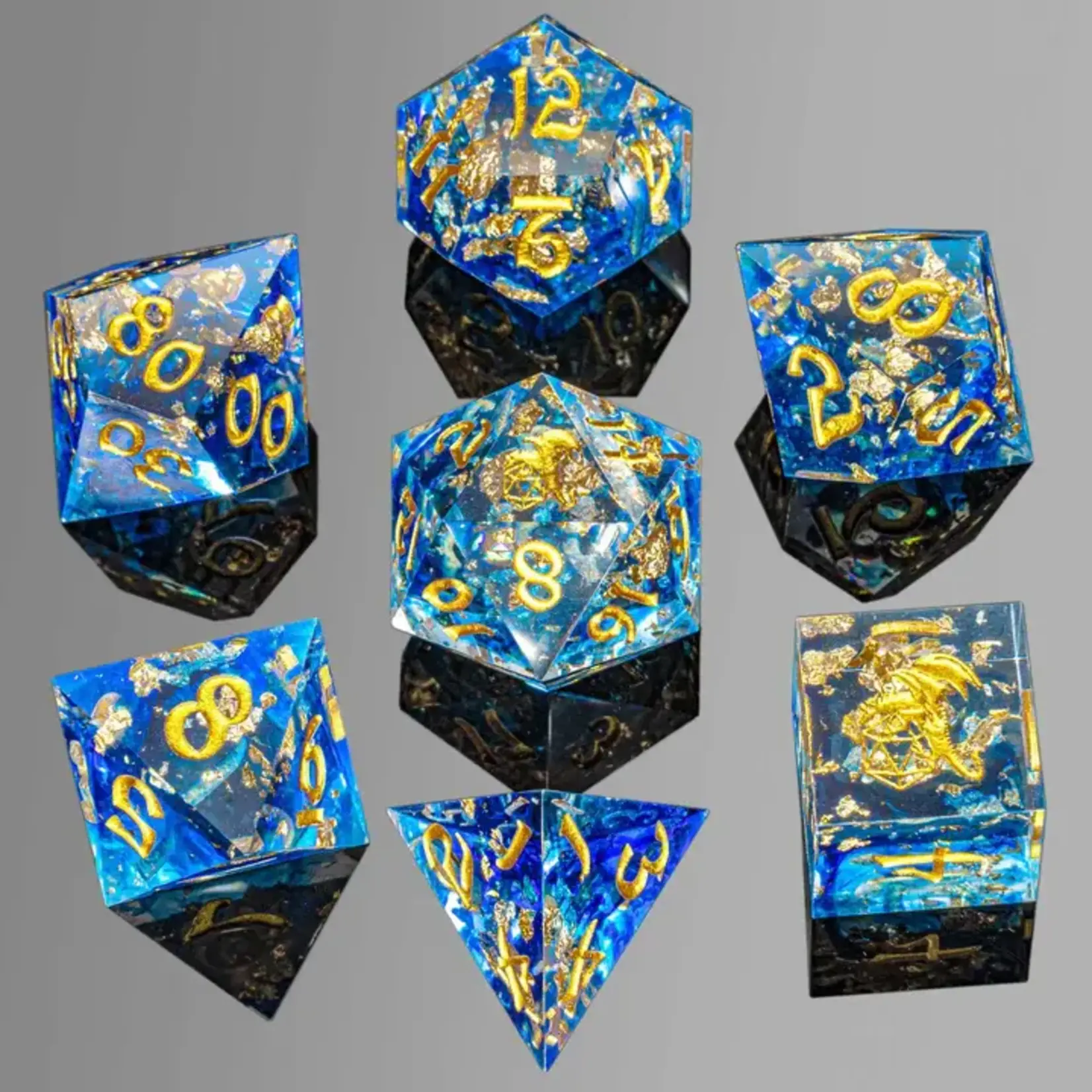 Hymgho Dice US 7-Set Sharp Edge Resin Blue Gold Foil
